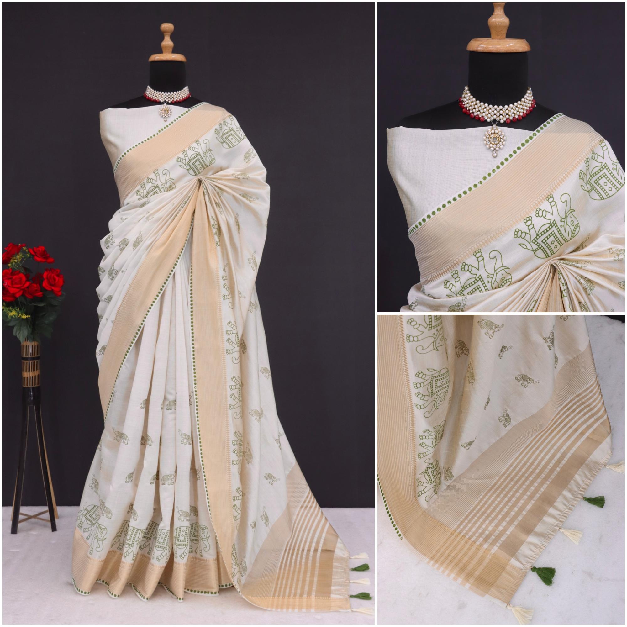 Summer Special Off White And Green Hand Block With Work Linen Silk Saree
