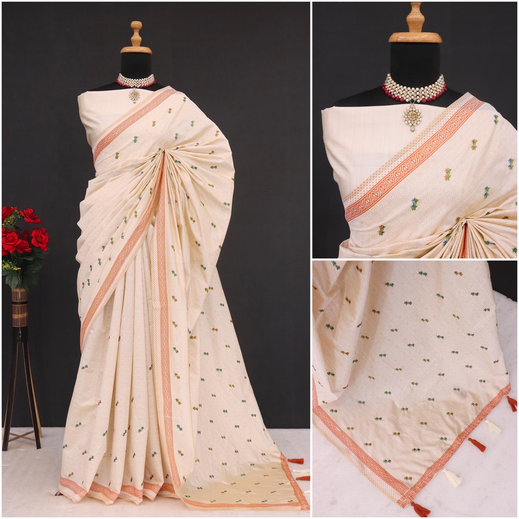 Summer Special Orange Small Flower Katha Work Linen Silk Saree