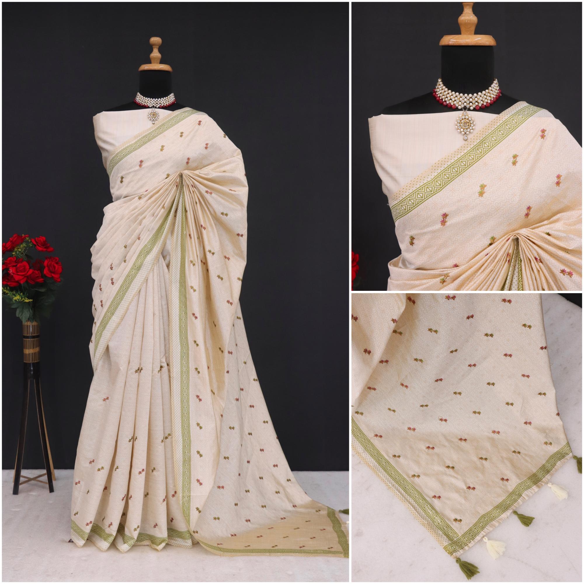 Summer Special Green Small Flower Katha Work Linen Silk Saree