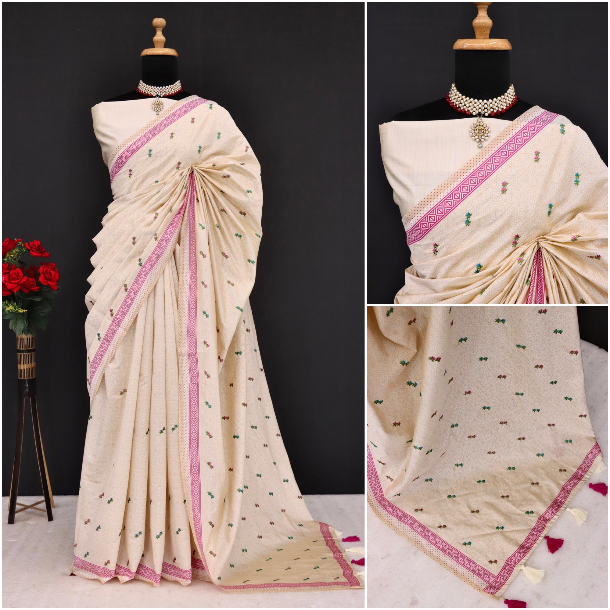 Summer Special Pink Small Flower Katha Work Linen Silk Saree