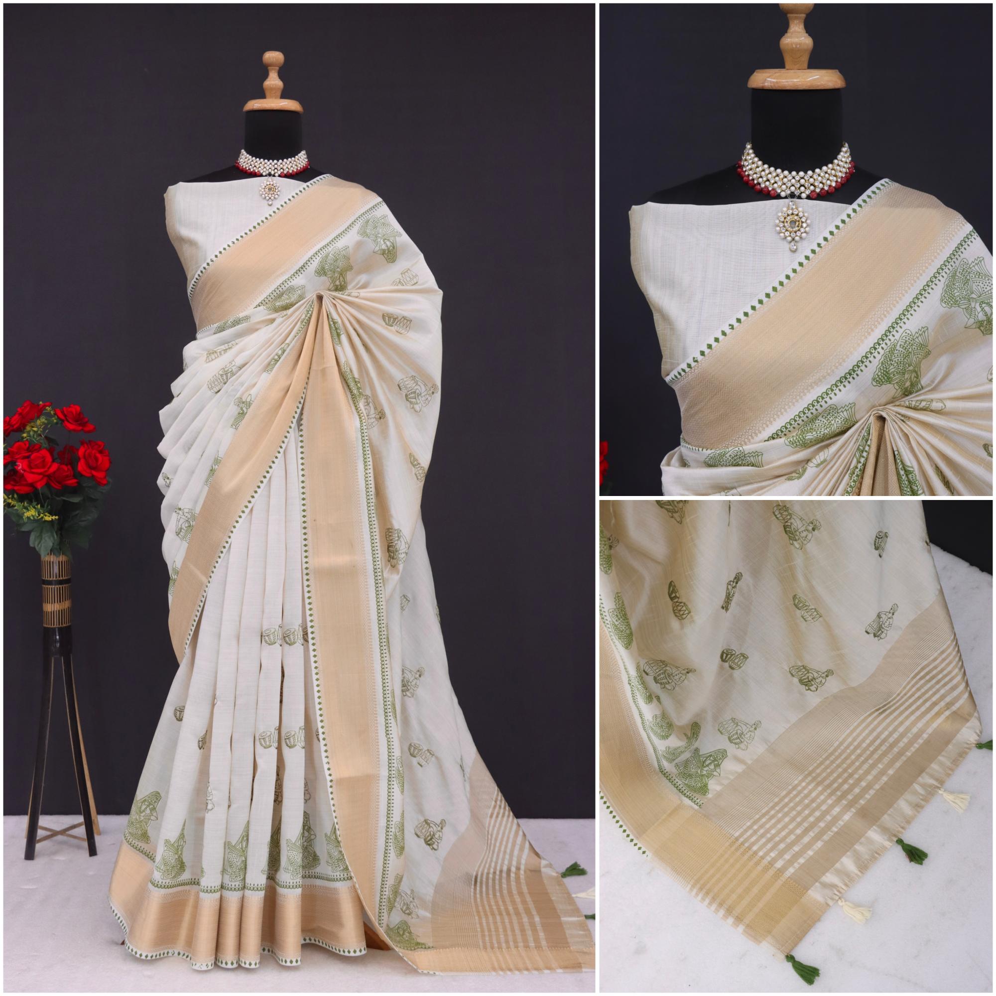 Summer Special Green Hand Block With Katha Work Linen Silk Saree