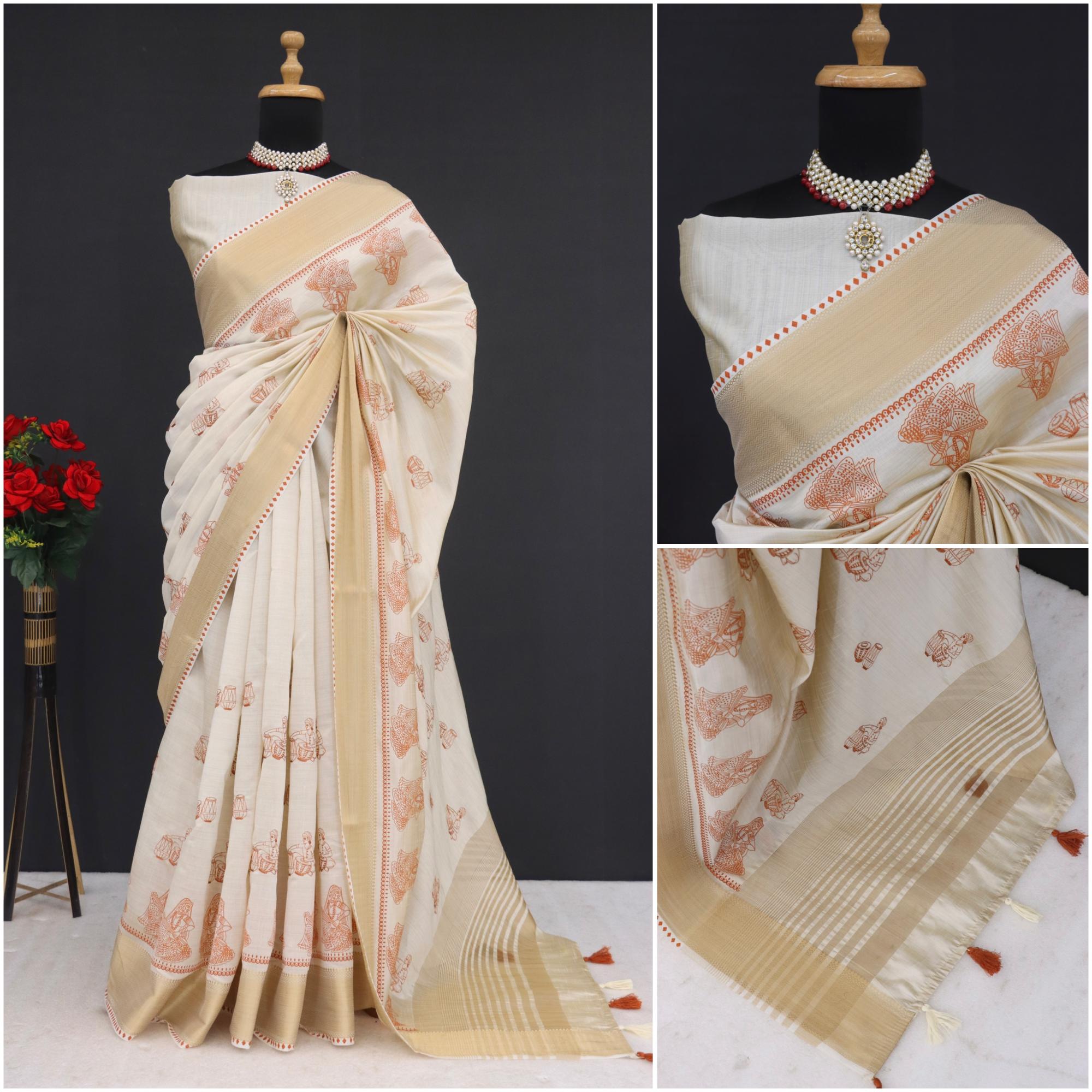 Summer Special Orange Hand Block With Katha Work Linen Silk Saree