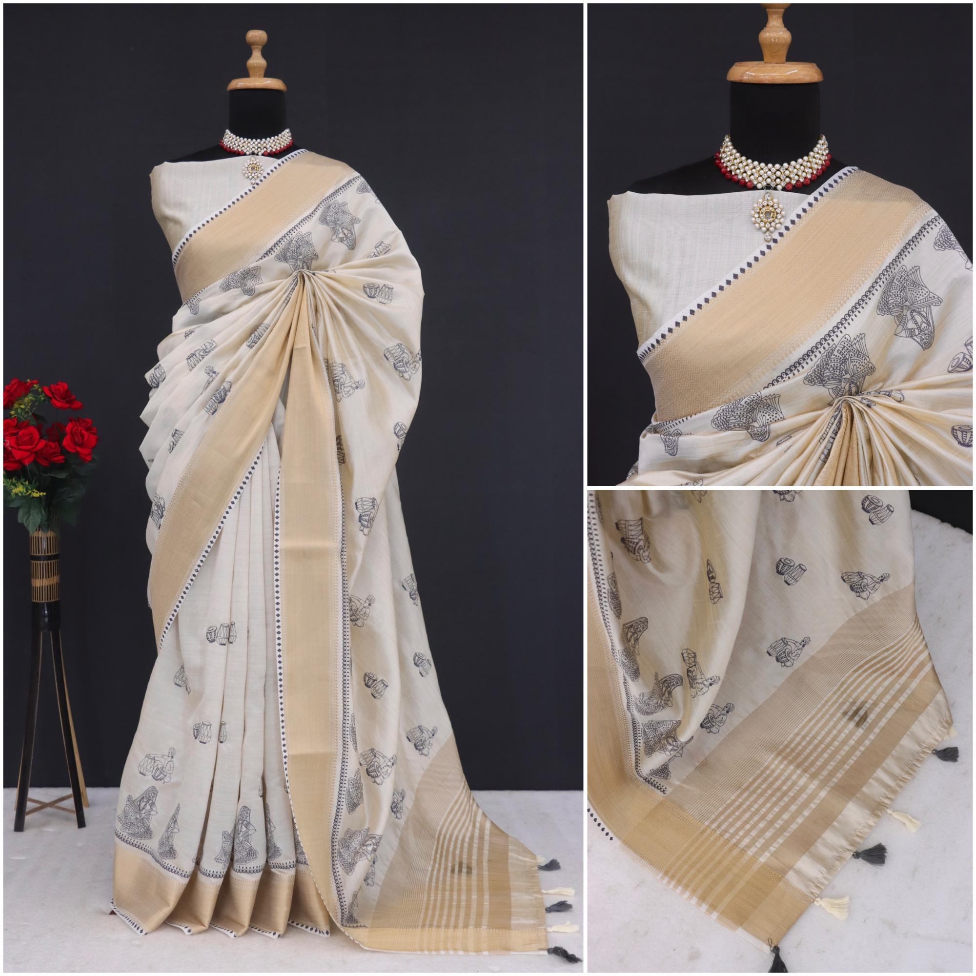 Summer Special Blue Hand Block With Katha Work Linen Silk Saree