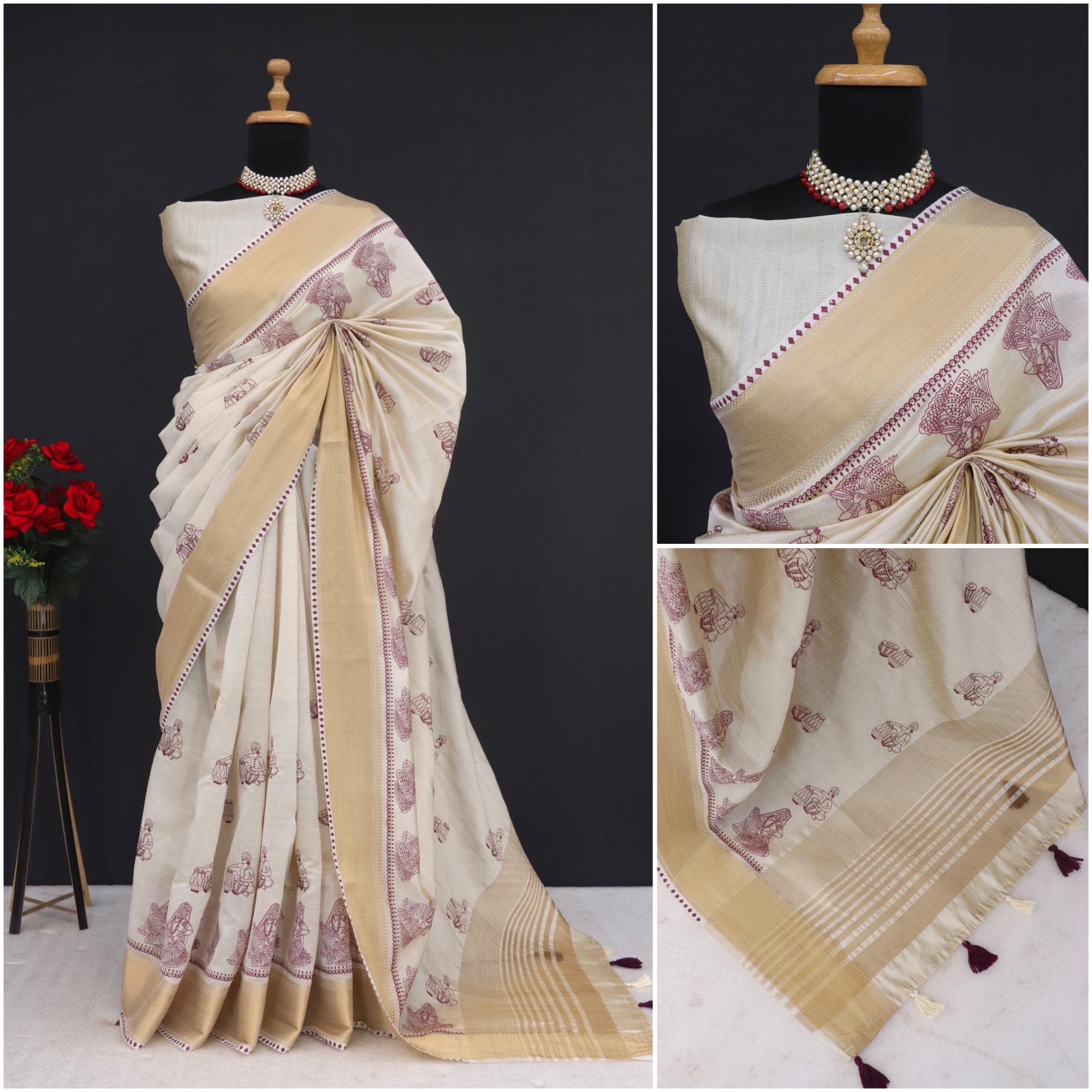 Summer Special Wine Hand Block With Katha Work Linen Silk Saree