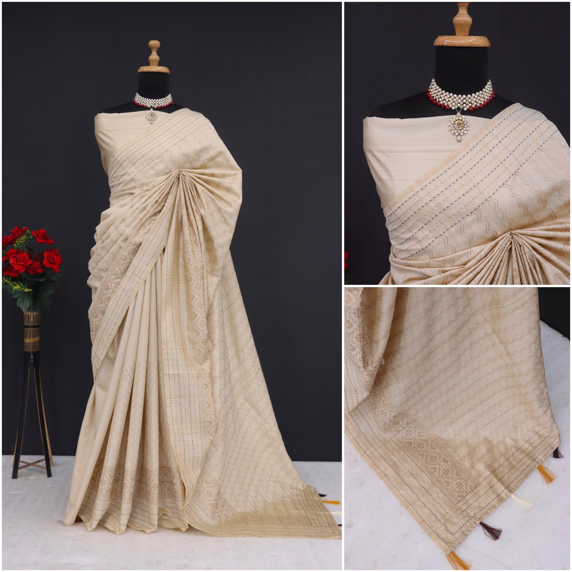 Summer Special Off White Katha Work Linen Silk Saree