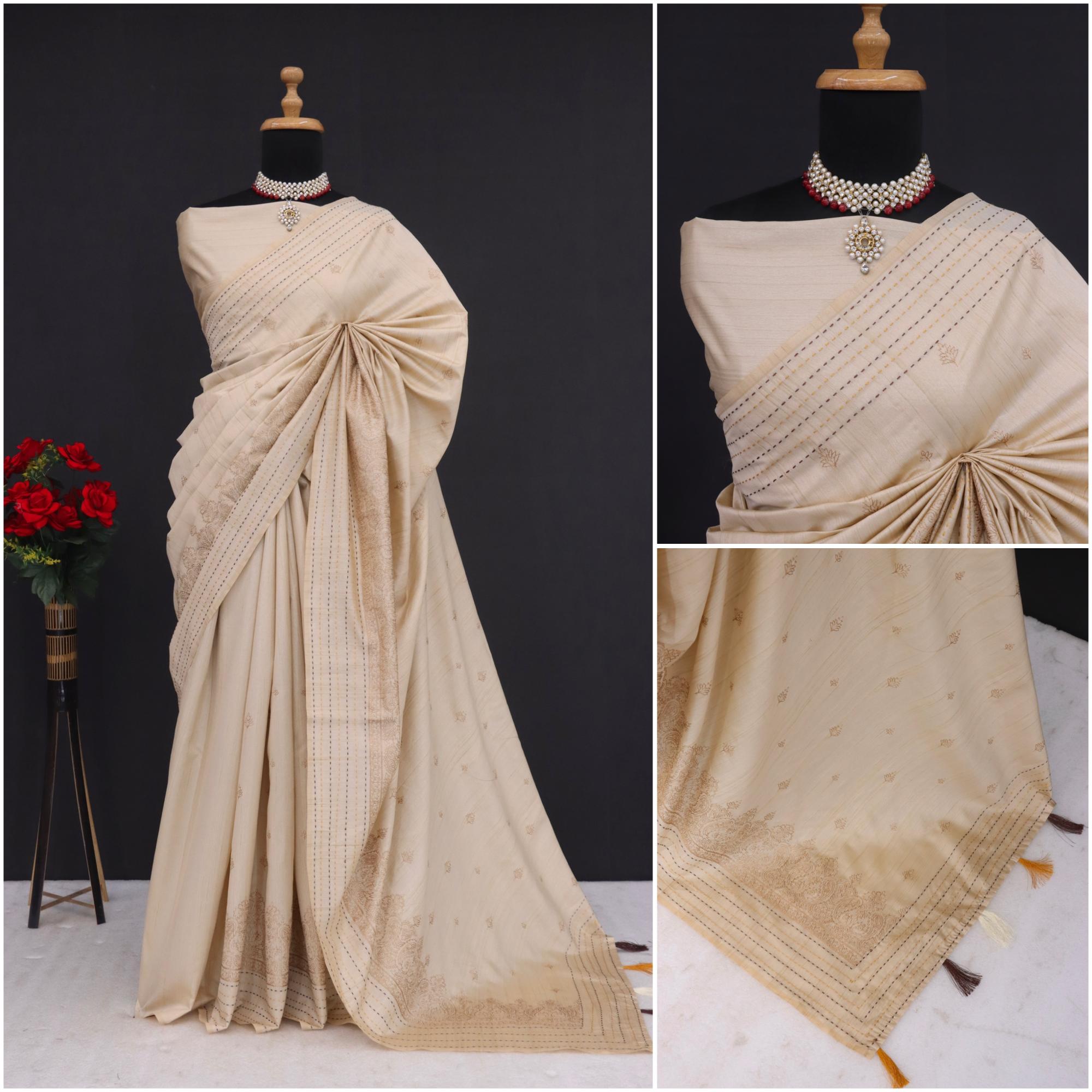 Summer Special Off White Katha Work Linen Silk Saree