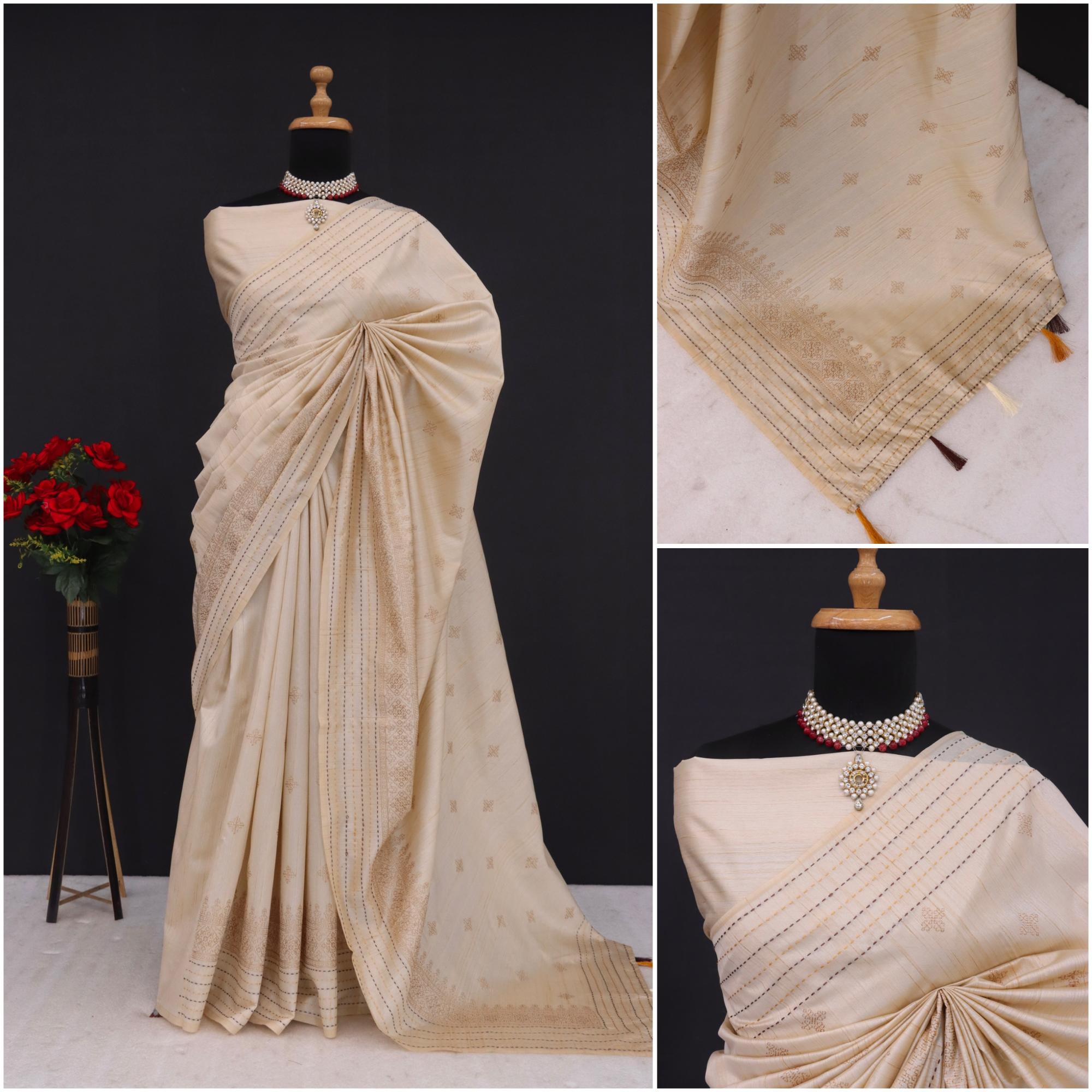 Summer Special Off White Katha Work Linen Silk Saree