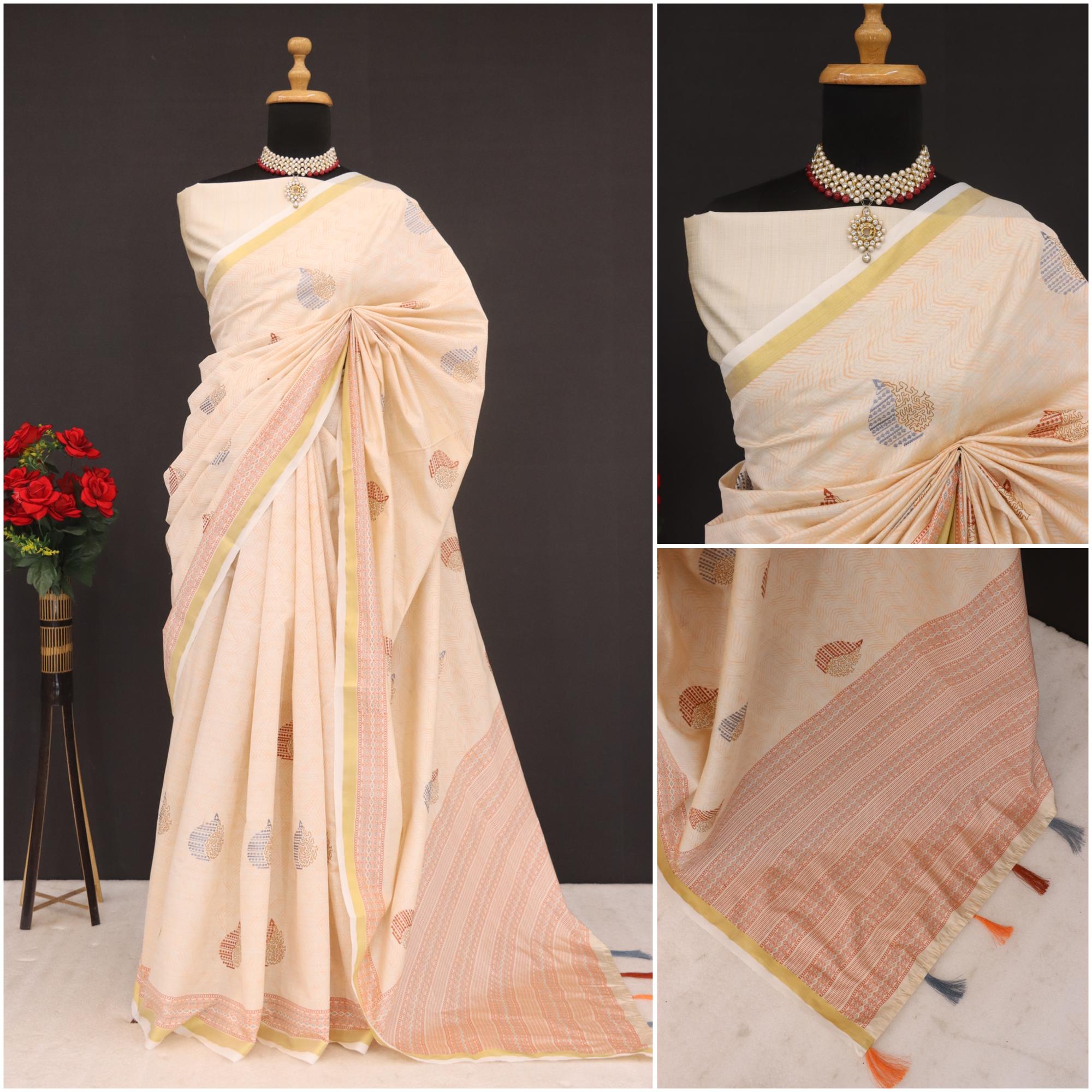 Summer Special Orange Katha Work Linen Silk Saree