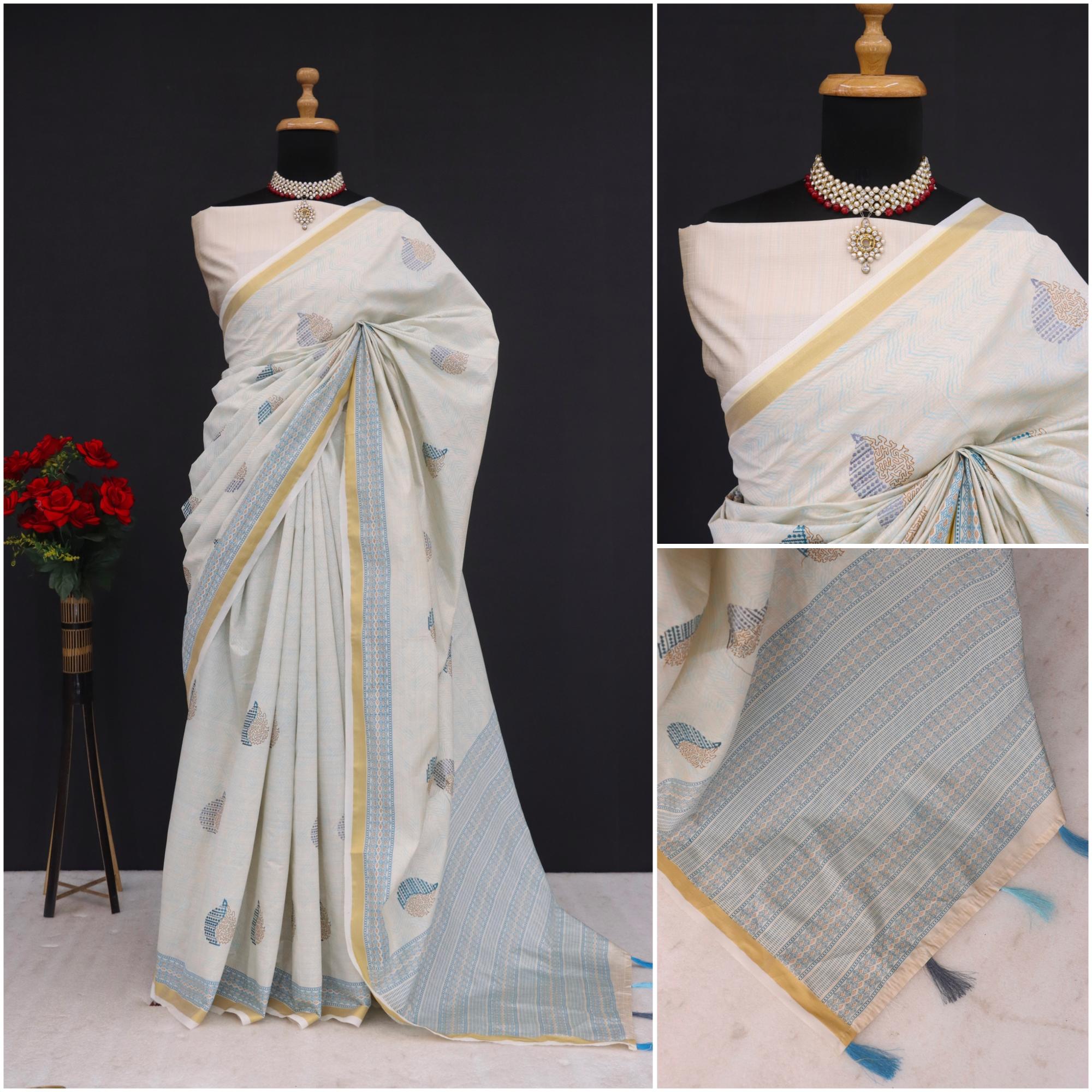Summer Special Sky Blue Katha Work Linen Silk Saree