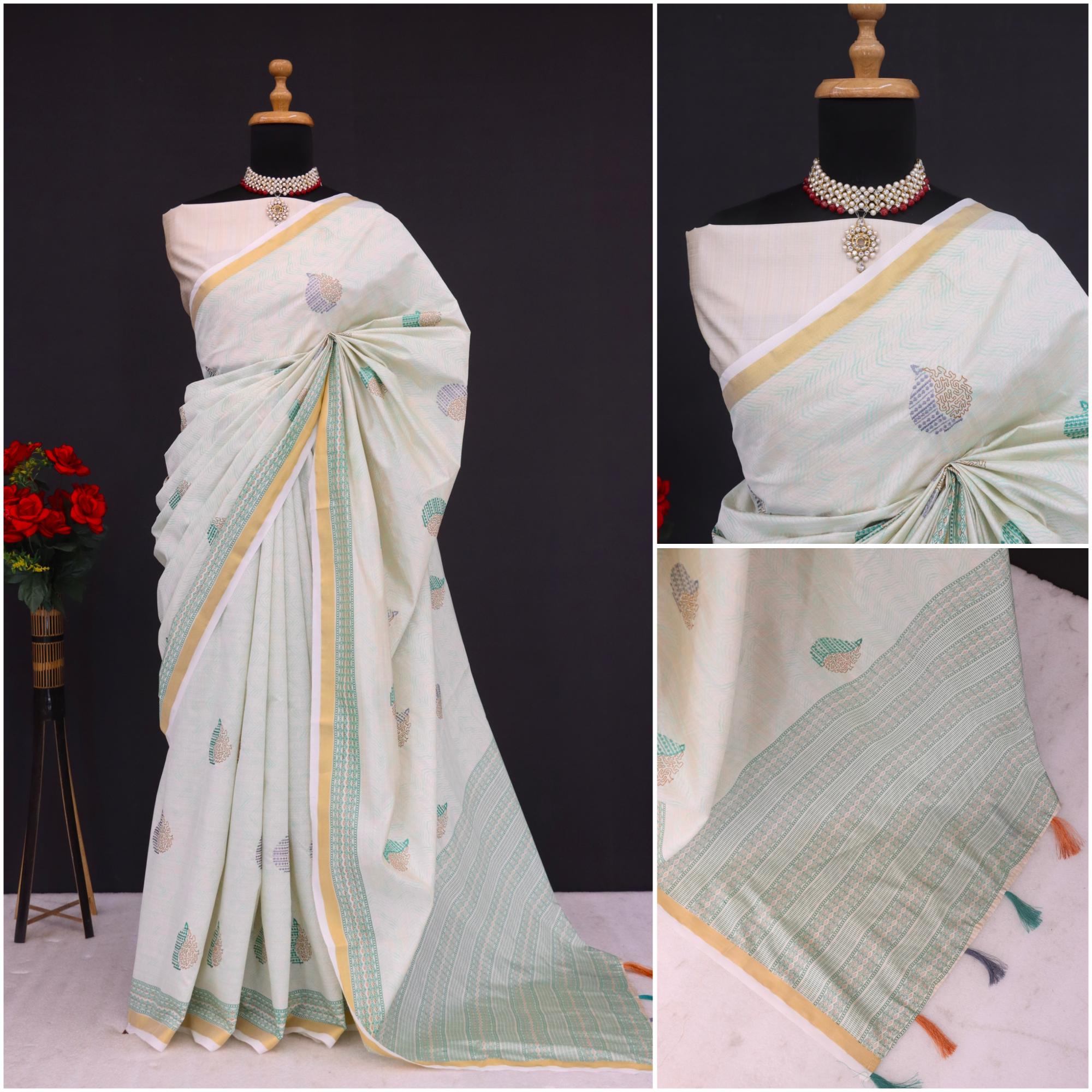 Summer Special Green Katha Work Linen Silk Saree