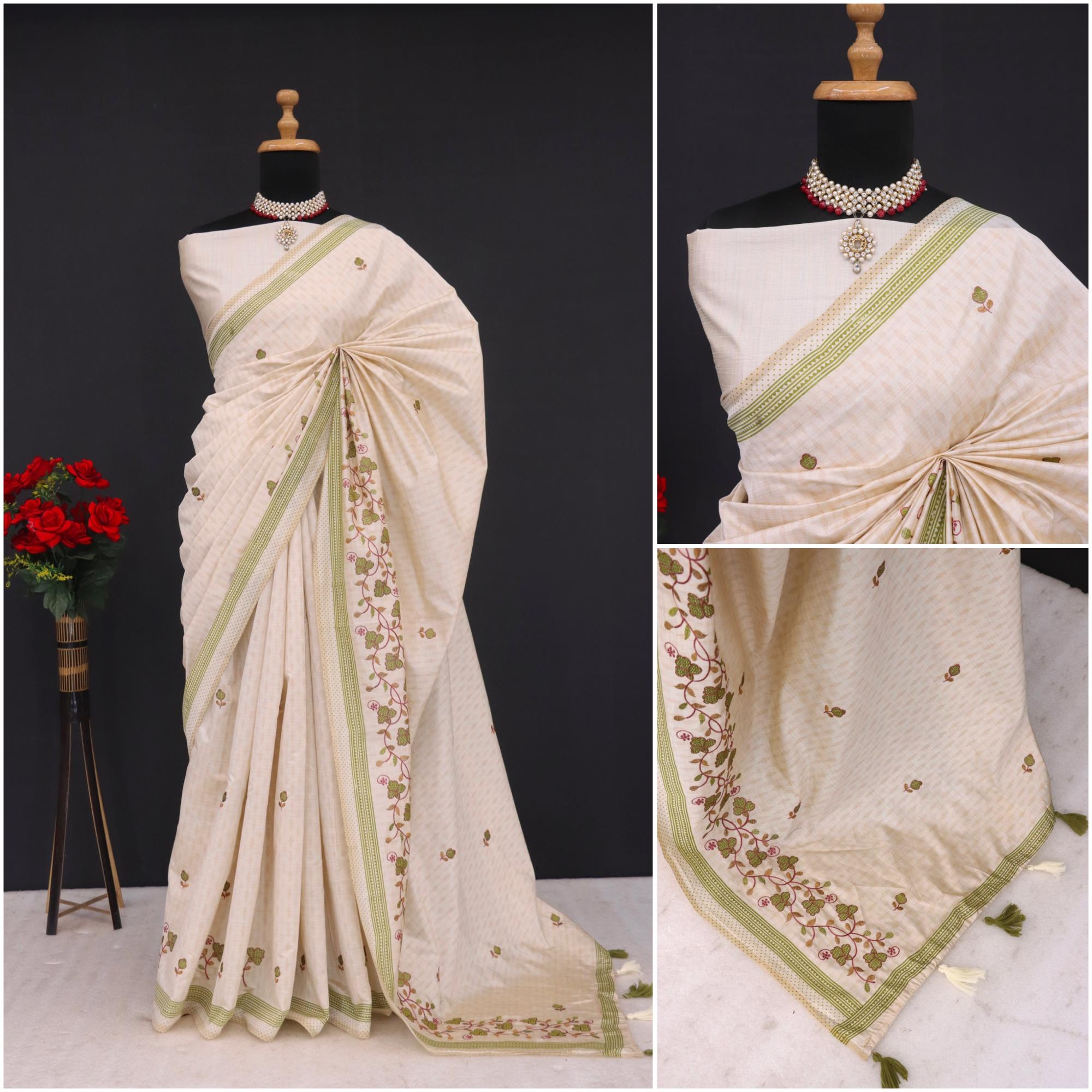 Summer Special Green Flower Katha Work Linen Silk Saree