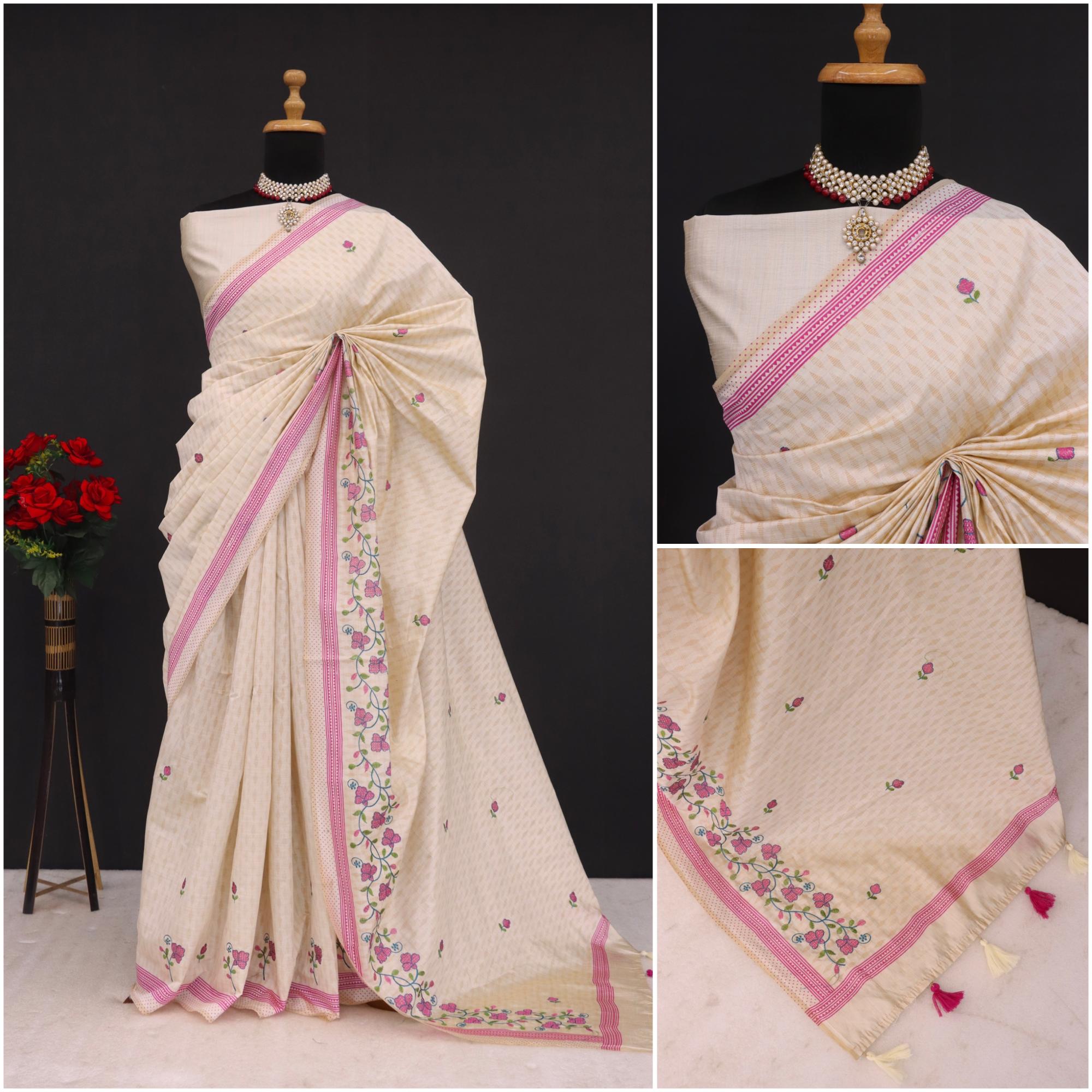 Summer Special Pink Flower Katha Work Linen Silk Saree