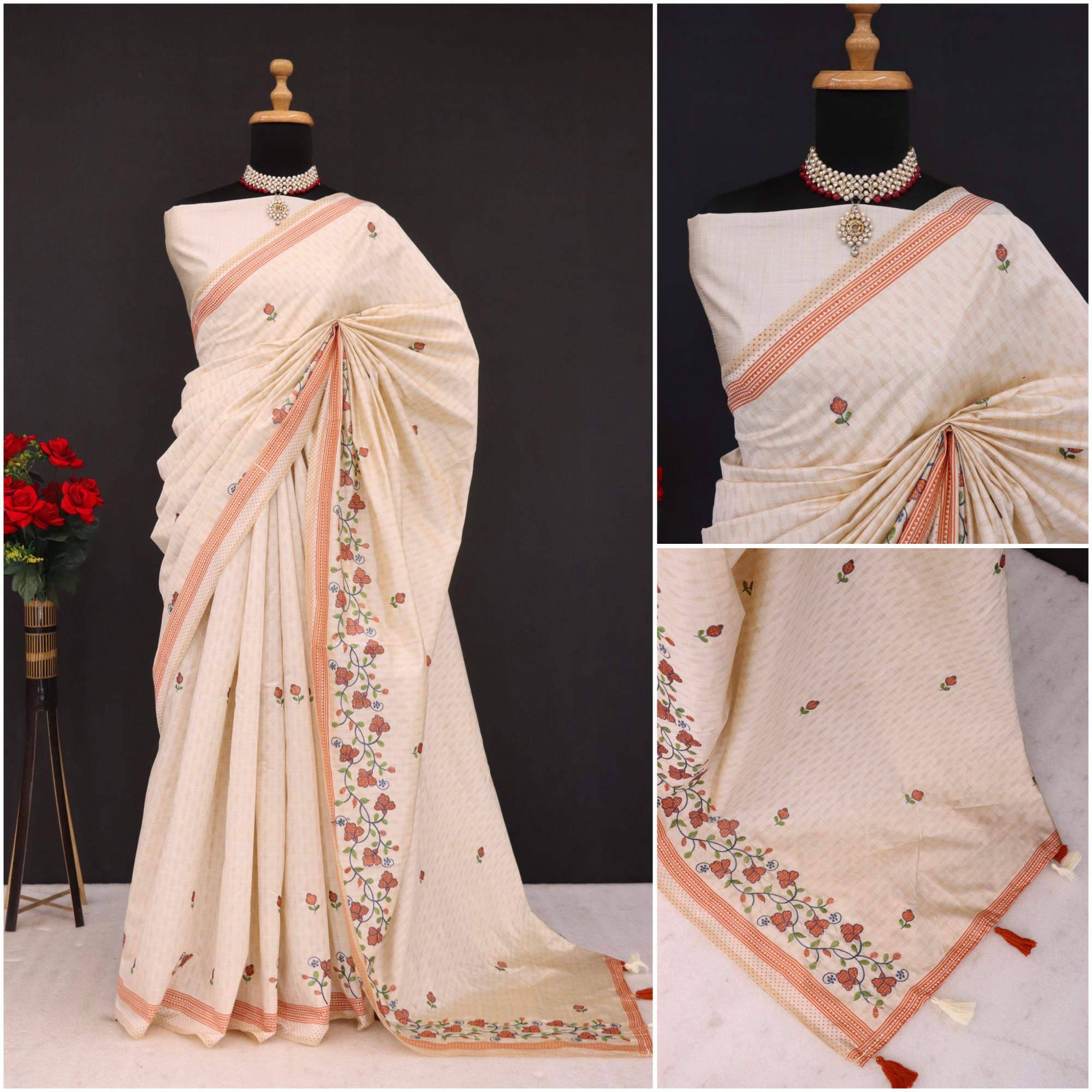 Summer Special Orange Flower Katha Work Linen Silk Saree
