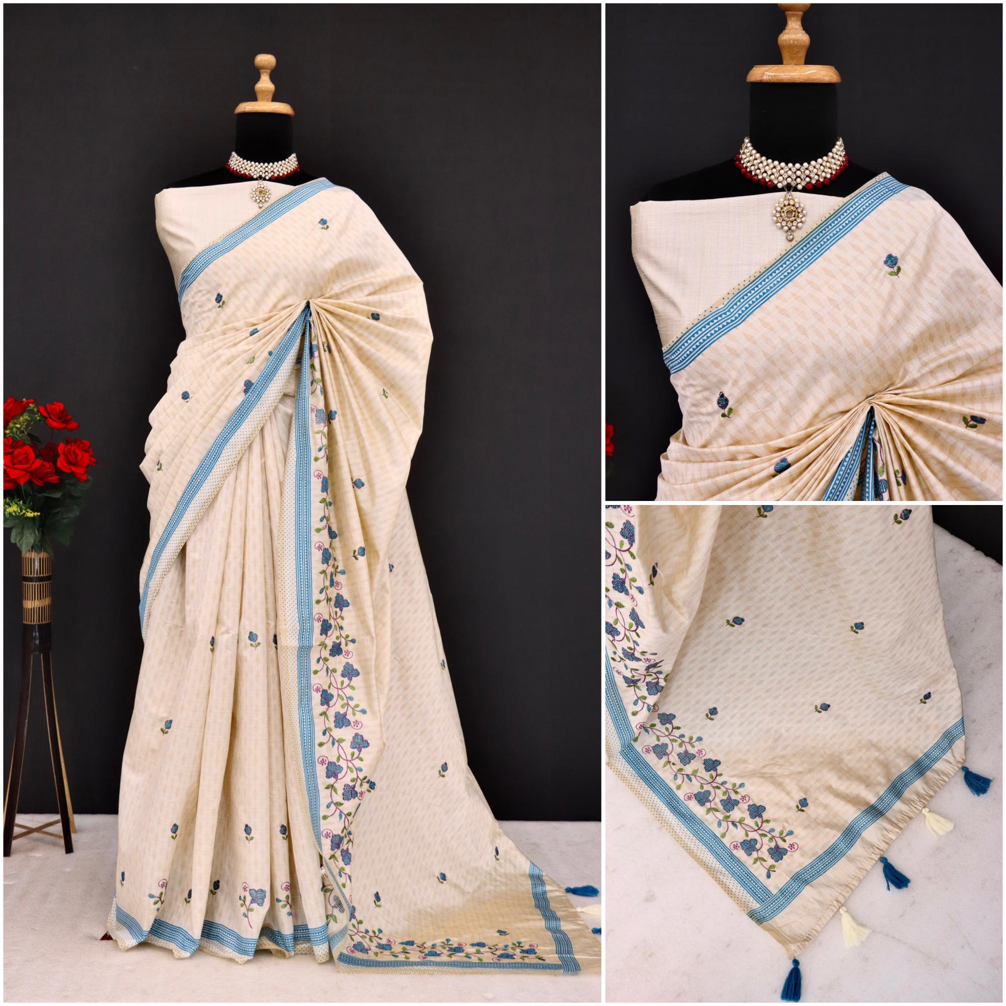 Summer Special Blue Flower Katha Work Linen Silk Saree