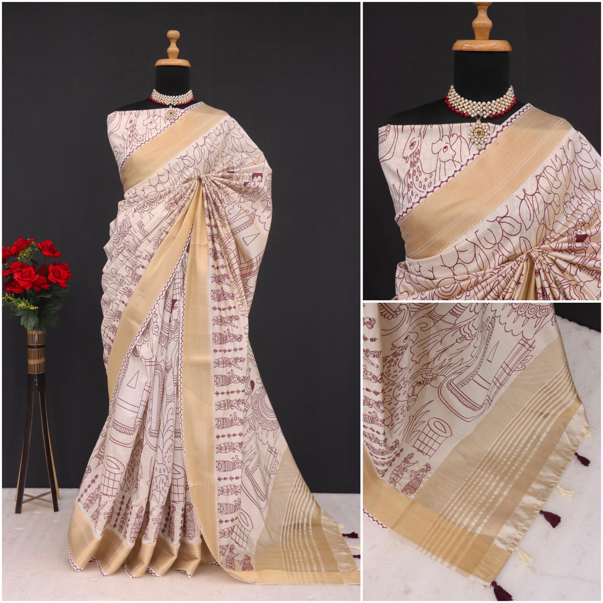 Summer Special Wine Hand Block With Work Linen Silk Saree