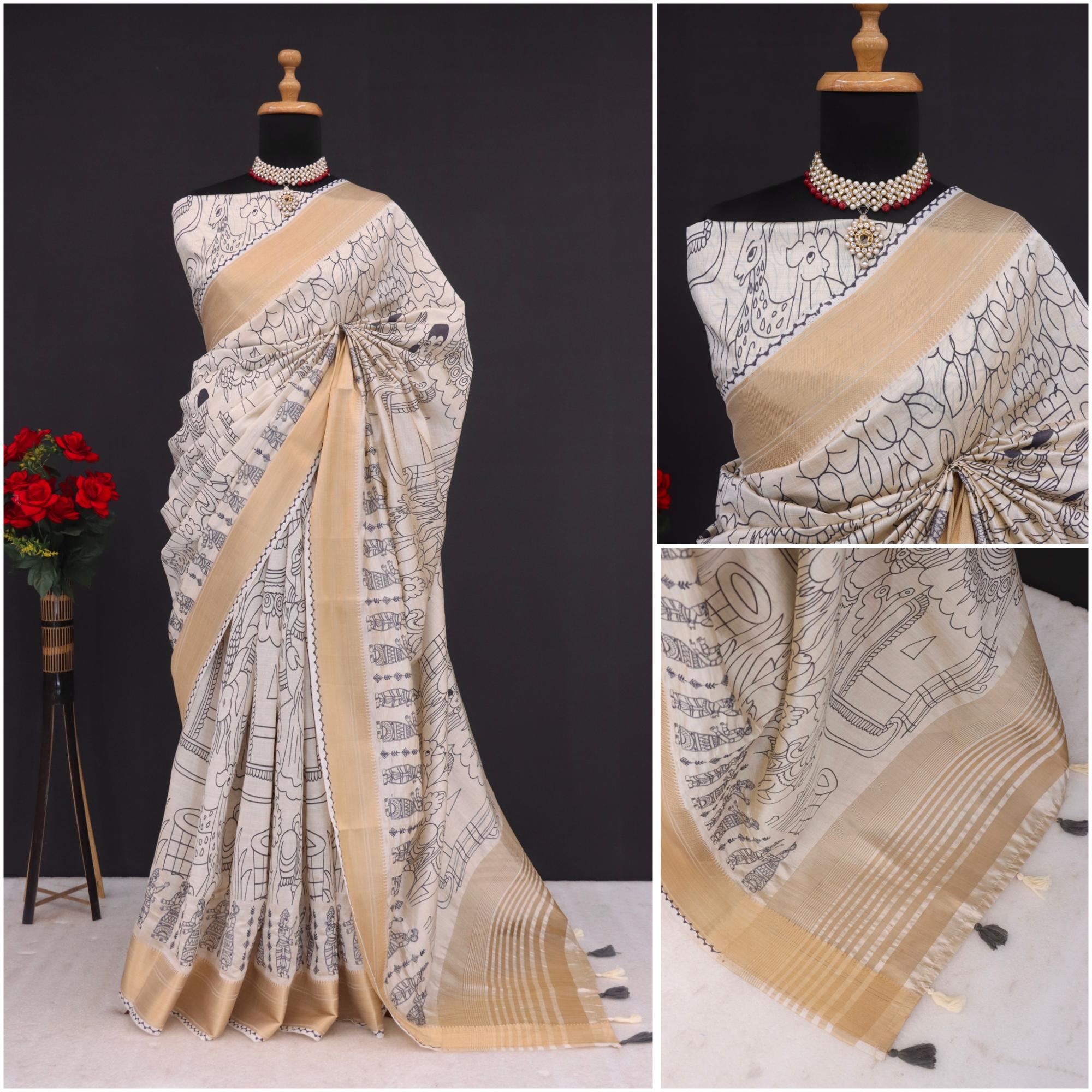 Summer Special Blue Hand Block With Work Linen Silk Saree