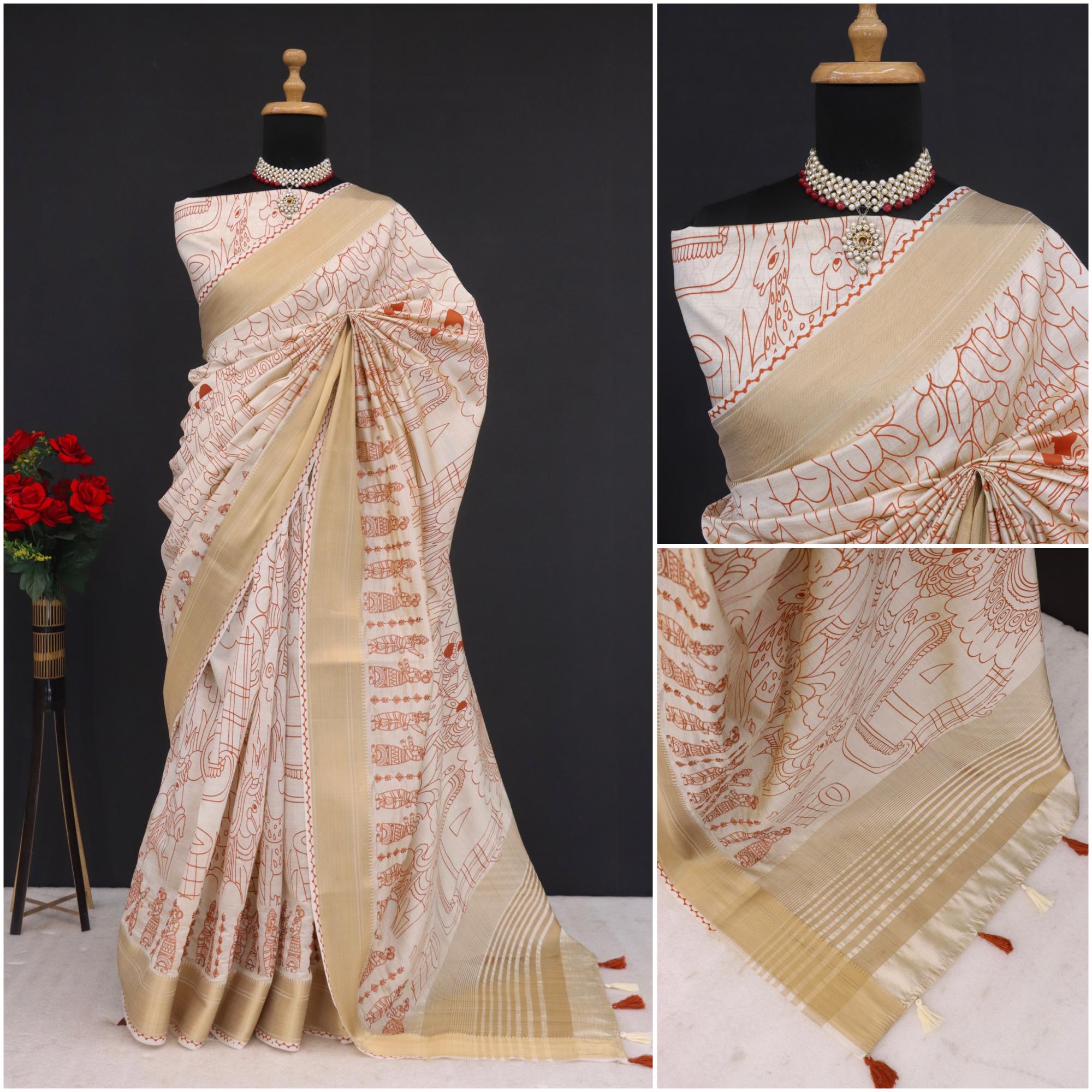 Summer Special Wine Hand Block With Work Linen Silk Saree