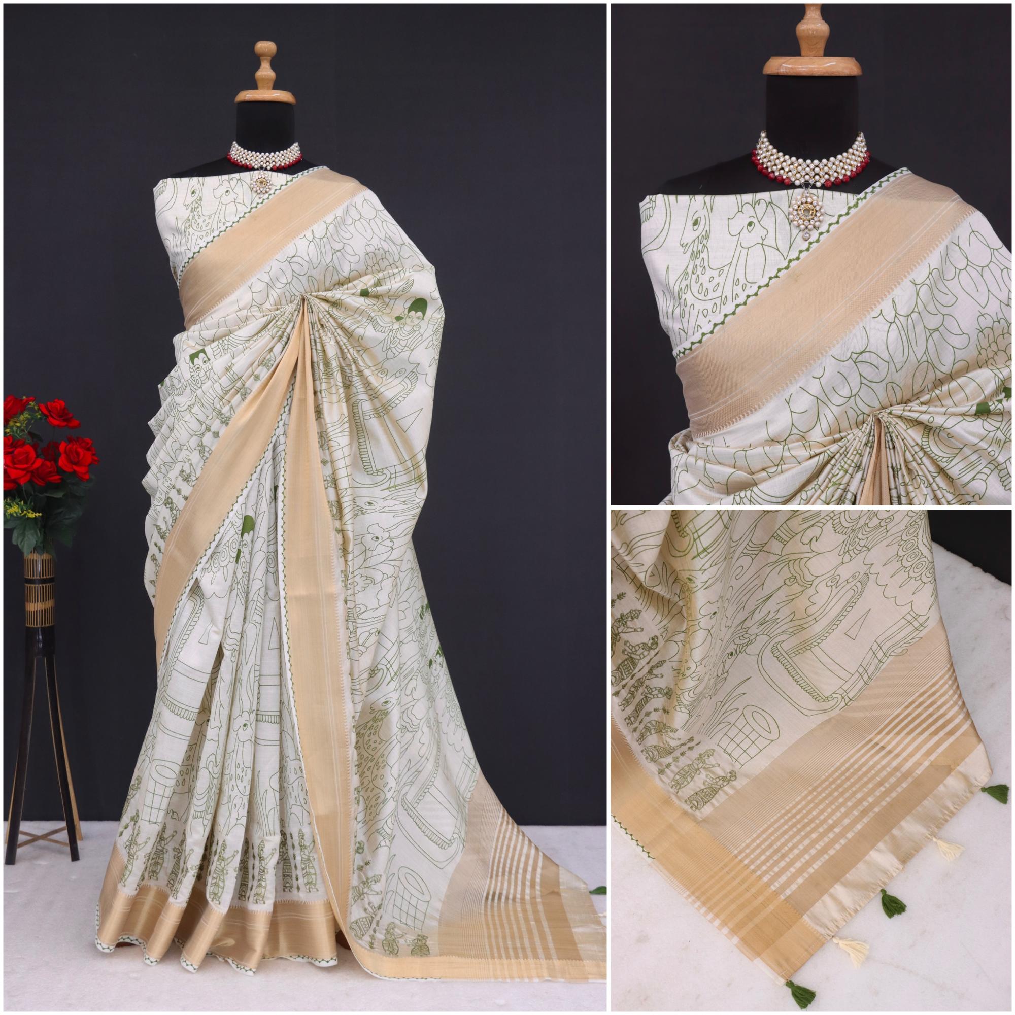 Summer Special Green Hand Block With Work Linen Silk Saree