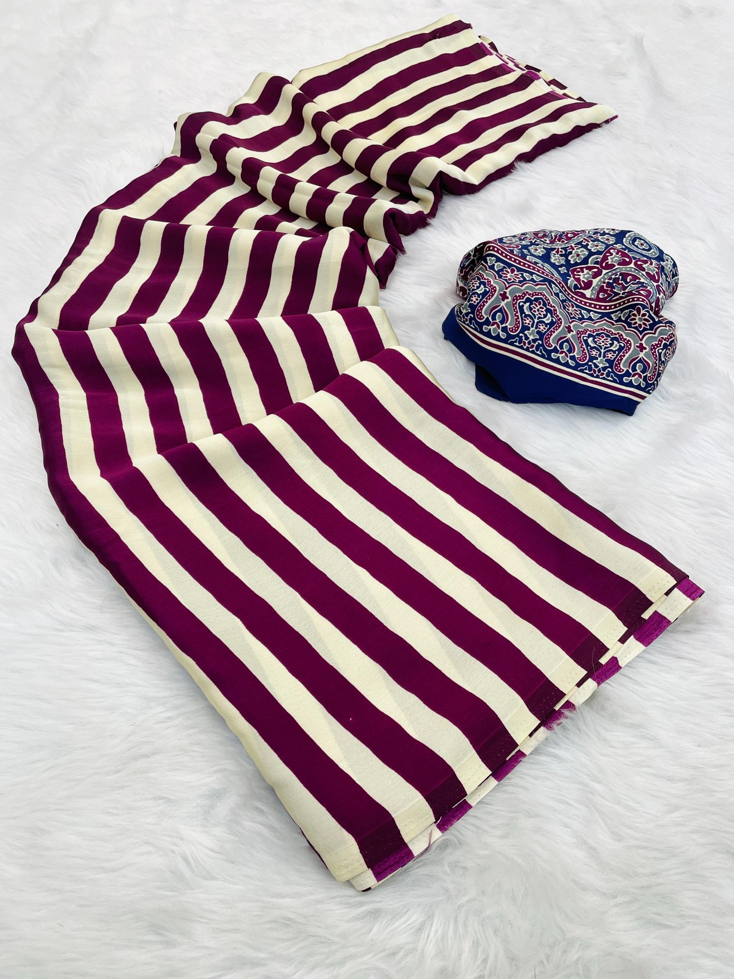 Sundari Wine Modal Silk Premium Striped Ajrakh Natural Print Saree