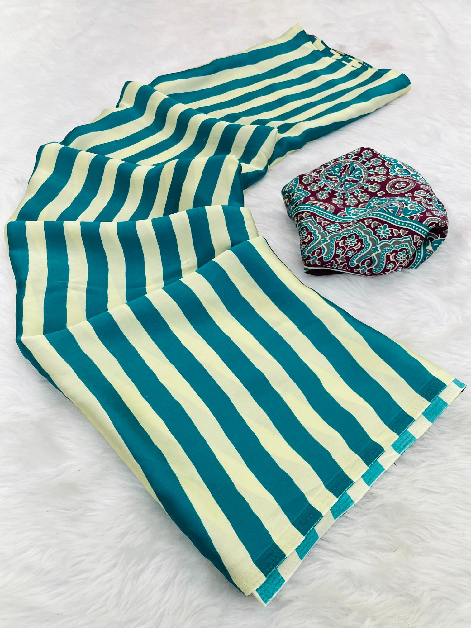 Sundari Rama Modal Silk Premium Striped Ajrakh Natural Print Saree