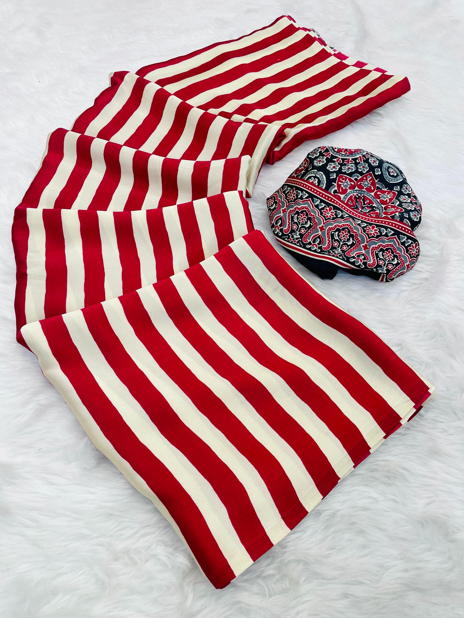 Sundari Red Modal Silk Premium Striped Ajrakh Natural Print Saree