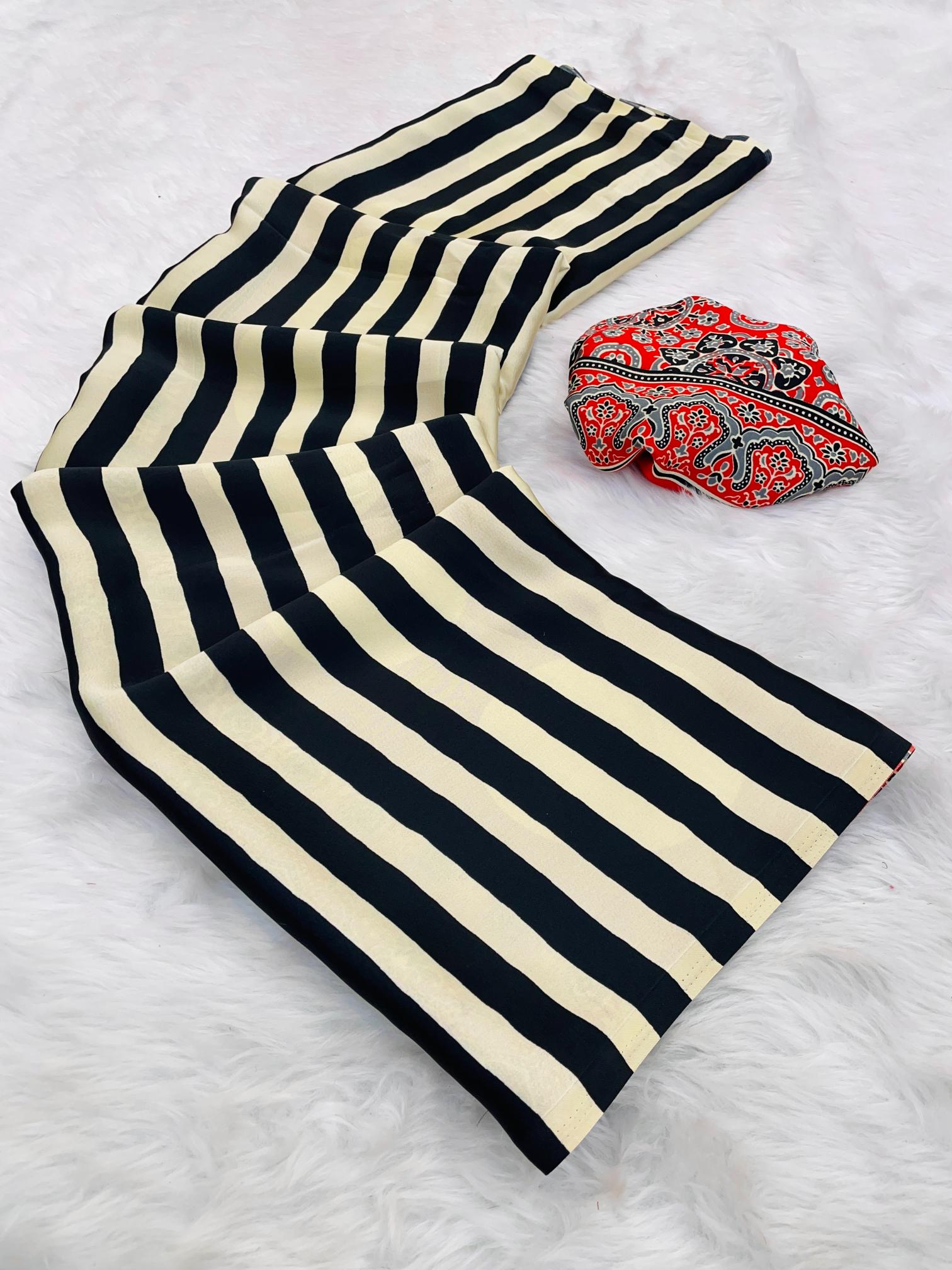 Sundari Black Modal Silk Premium Striped Ajrakh Natural Print Saree