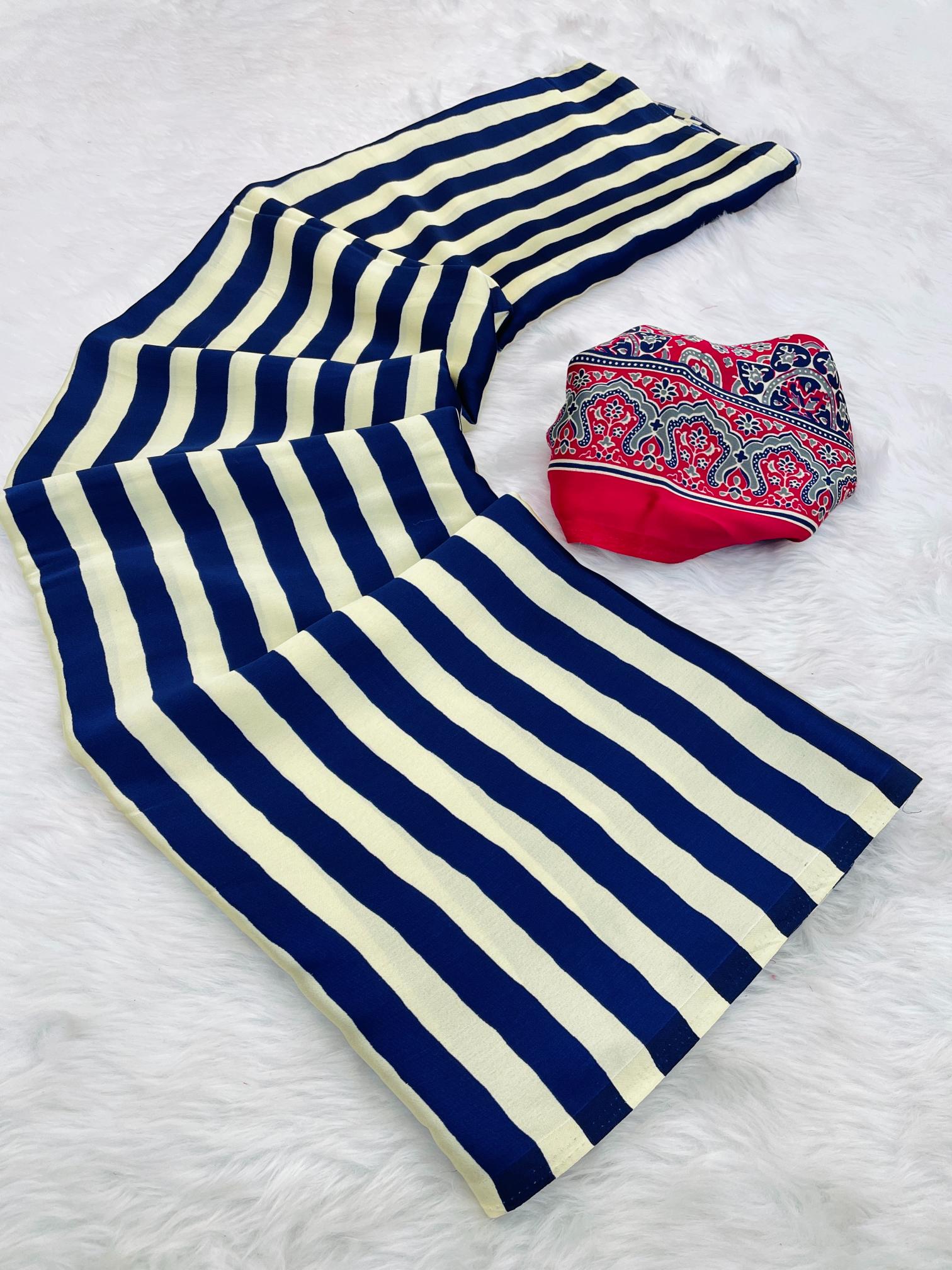Sundari Blue Modal Silk Premium Striped Ajrakh Natural Print Saree
