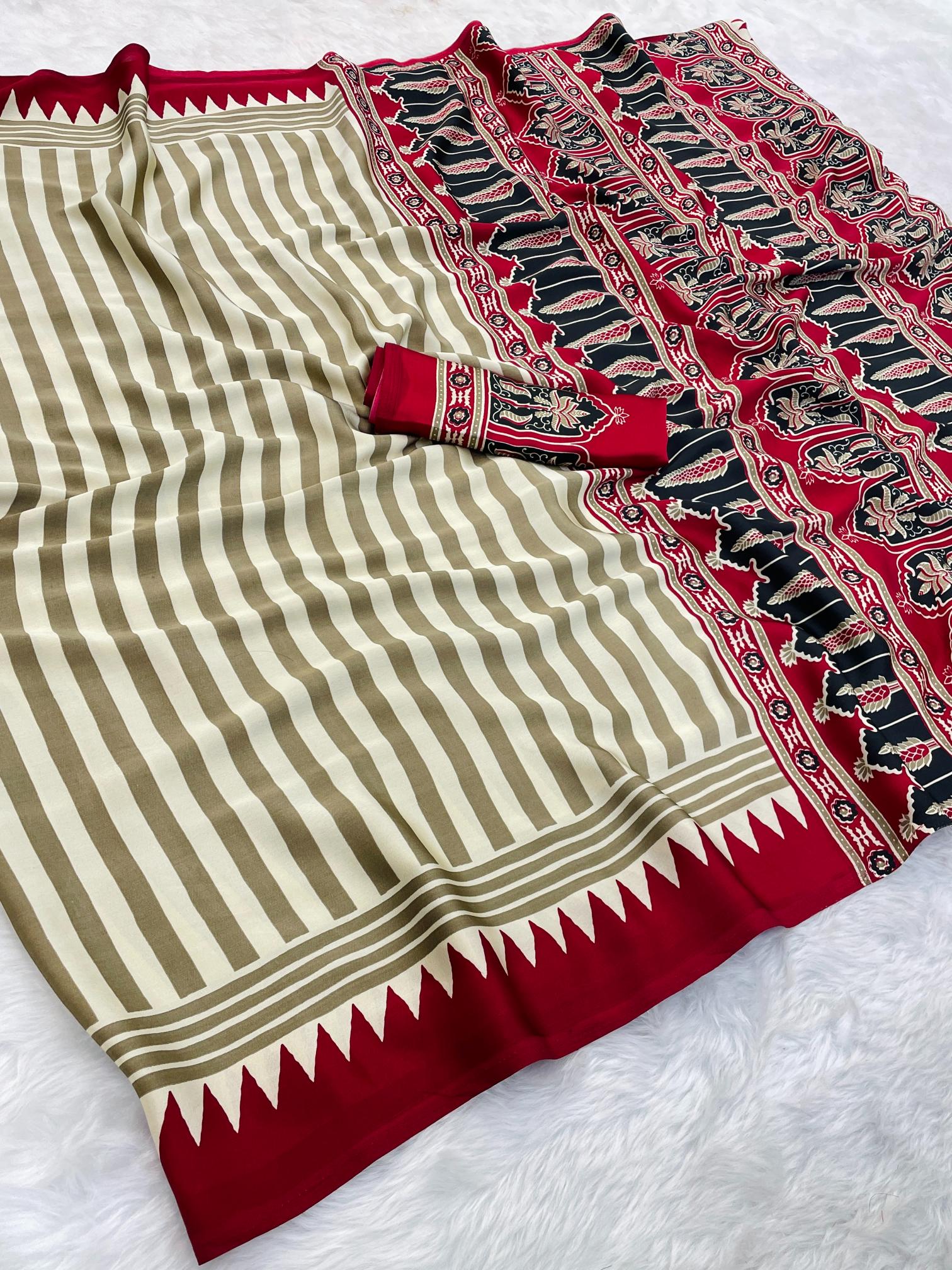 Pallavi Maroon And Cream Modal Silk Striped Ajrakh Natural Print Saree