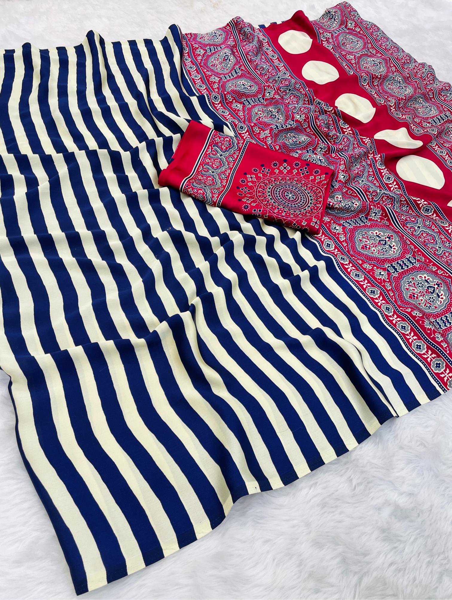 Sundari Blue Modal Silk Premium Striped Ajrakh Natural Print Saree