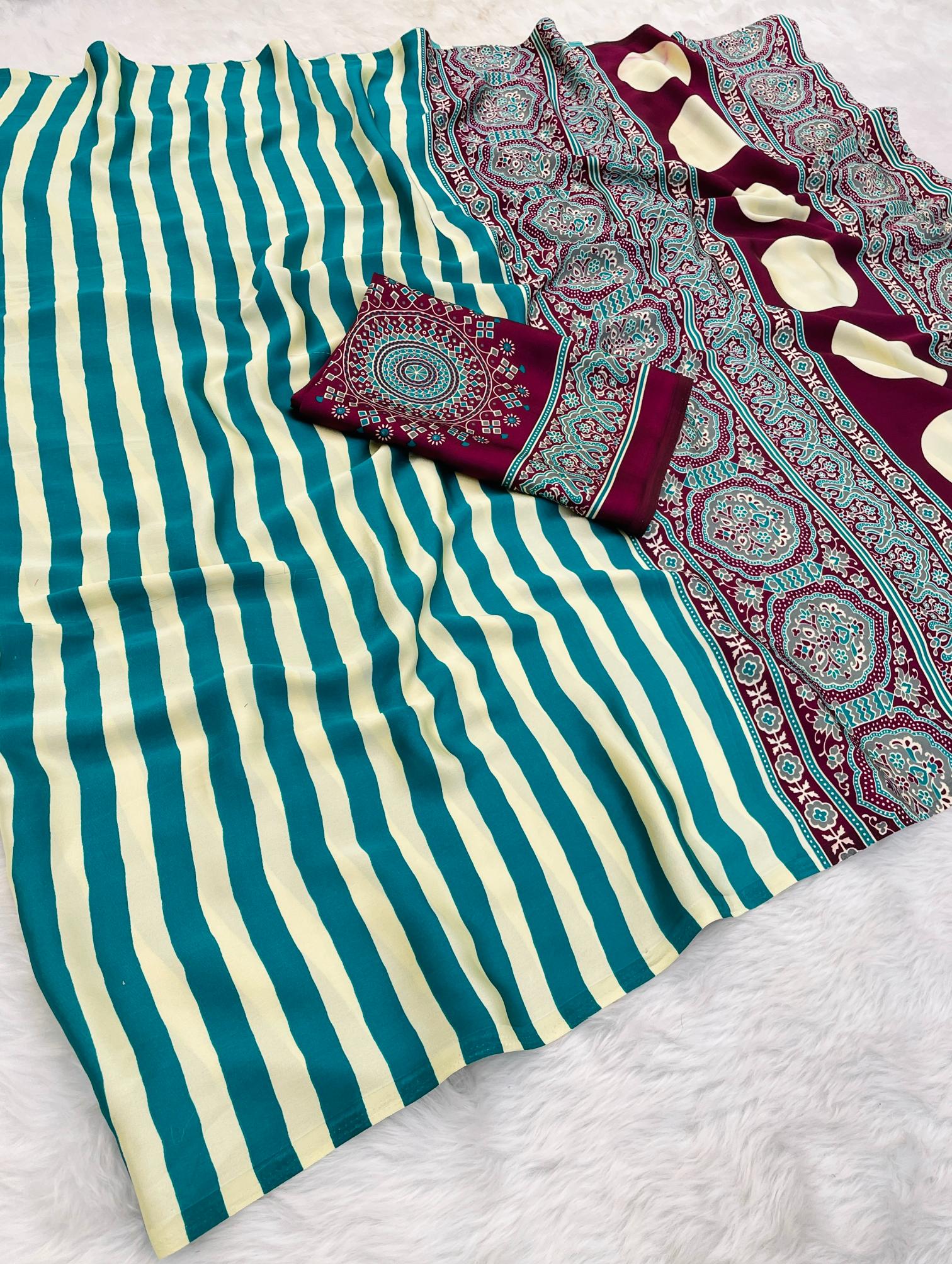 Sundari Rama Modal Silk Premium Striped Ajrakh Natural Print Saree
