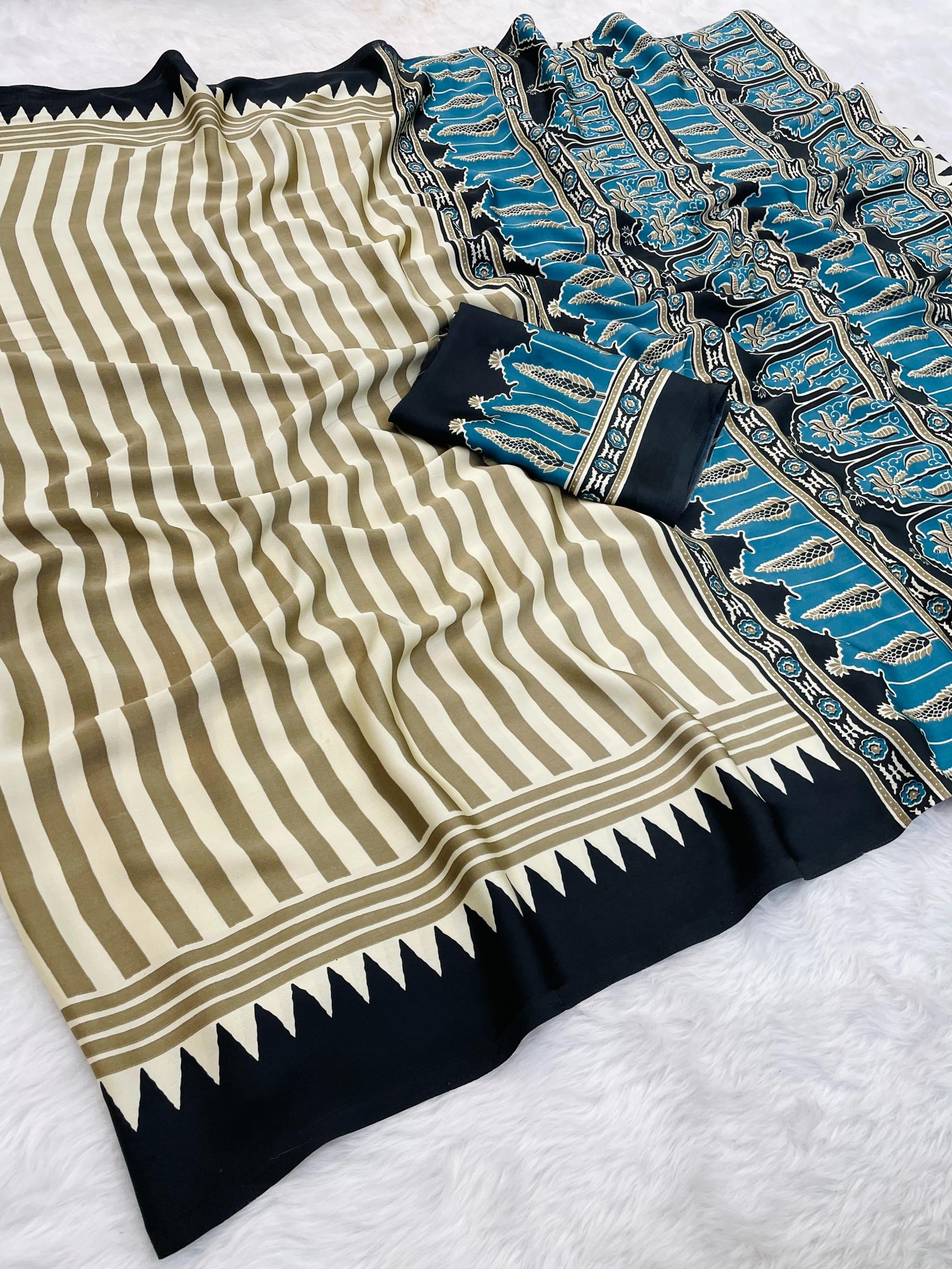 Pallavi Black And Cream Modal Silk Striped Ajrakh Natural Print Saree