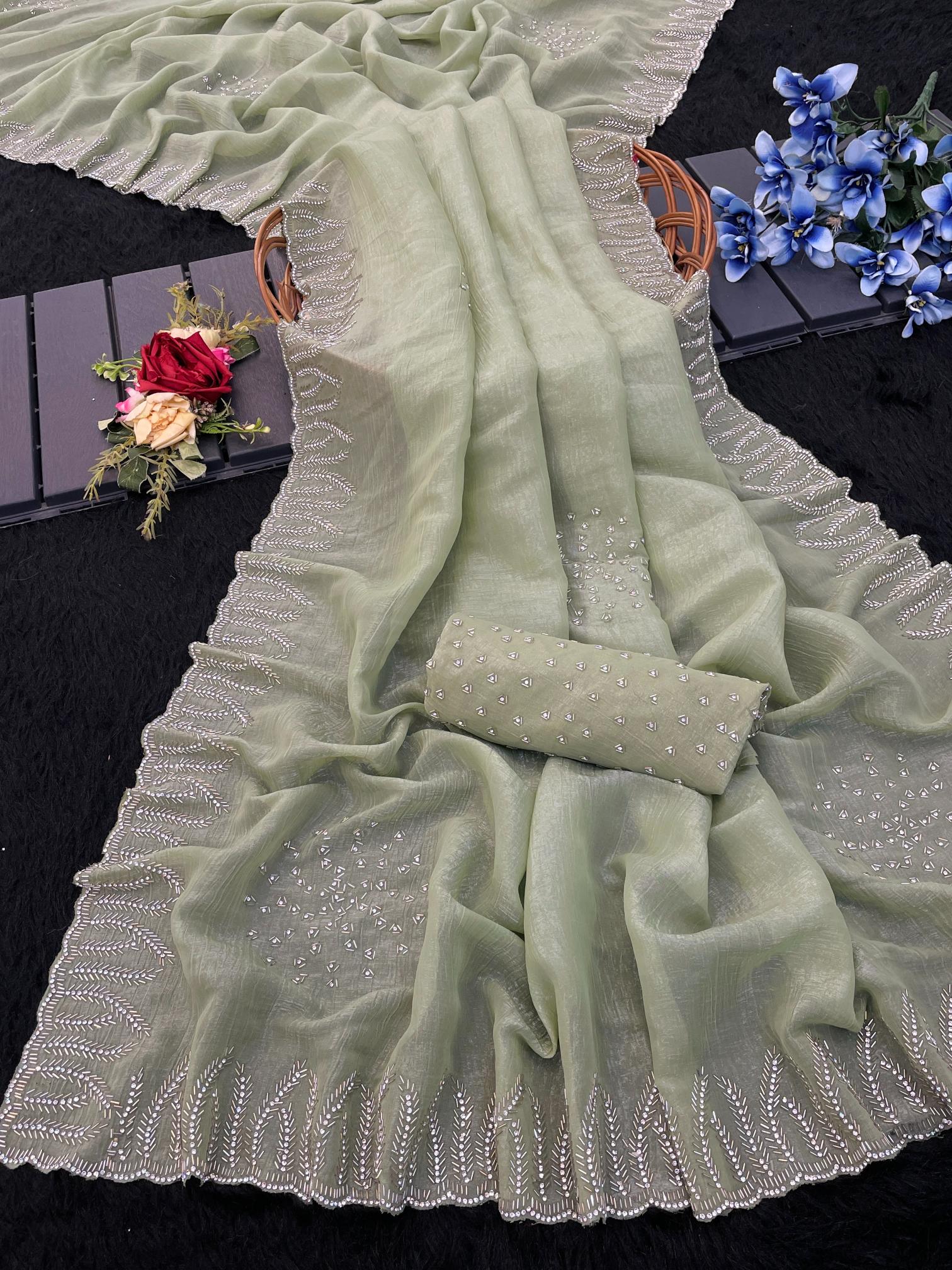 Lemon Grass Swarovski work Organza Silk Saree