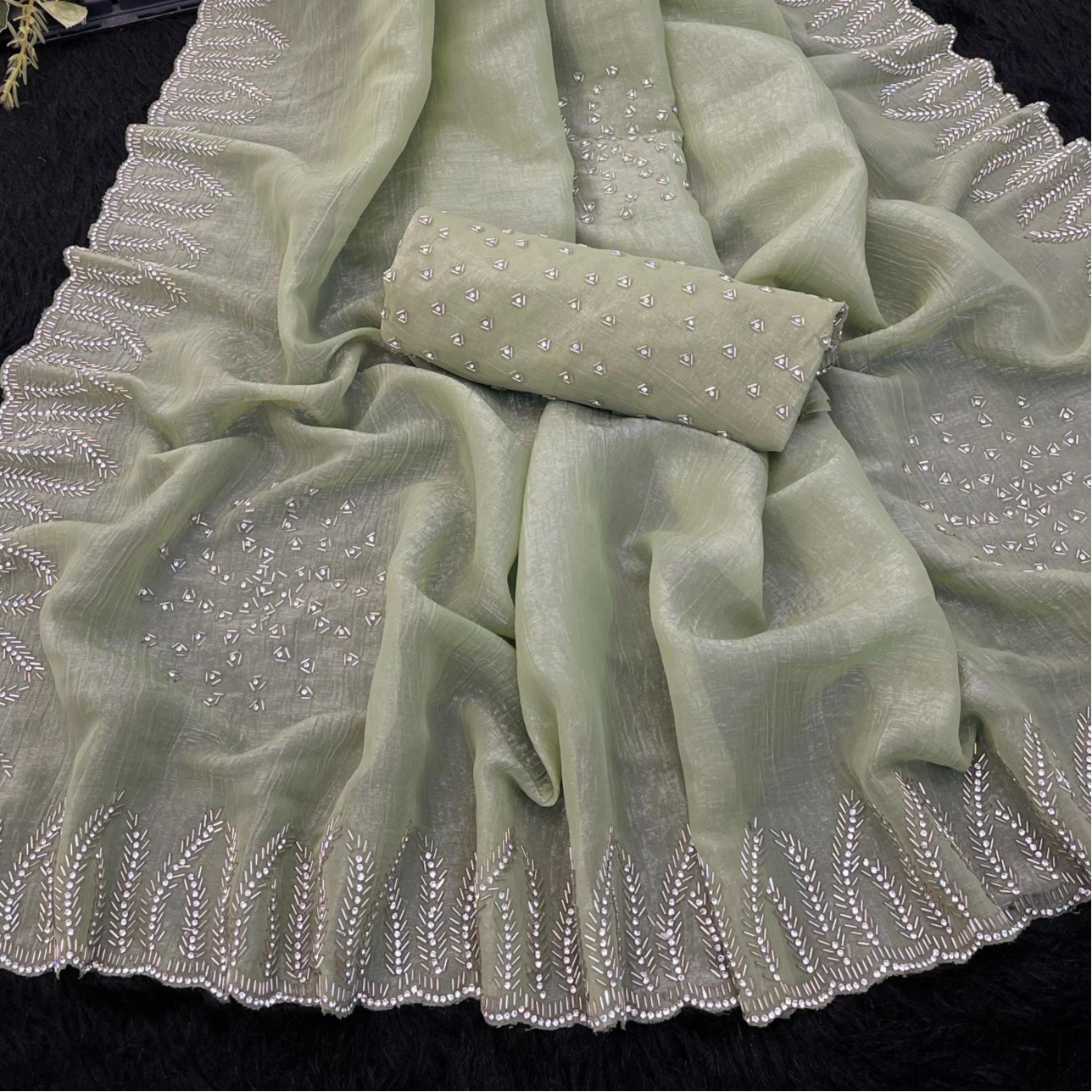 Lemon Grass Swarovski work Organza Silk Saree
