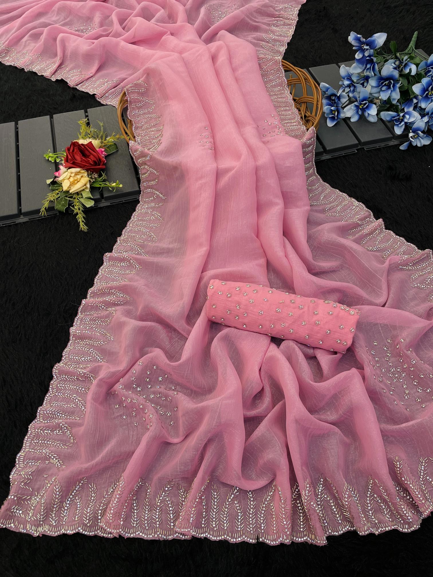 Old Rose Swarovski work Organza Silk Saree