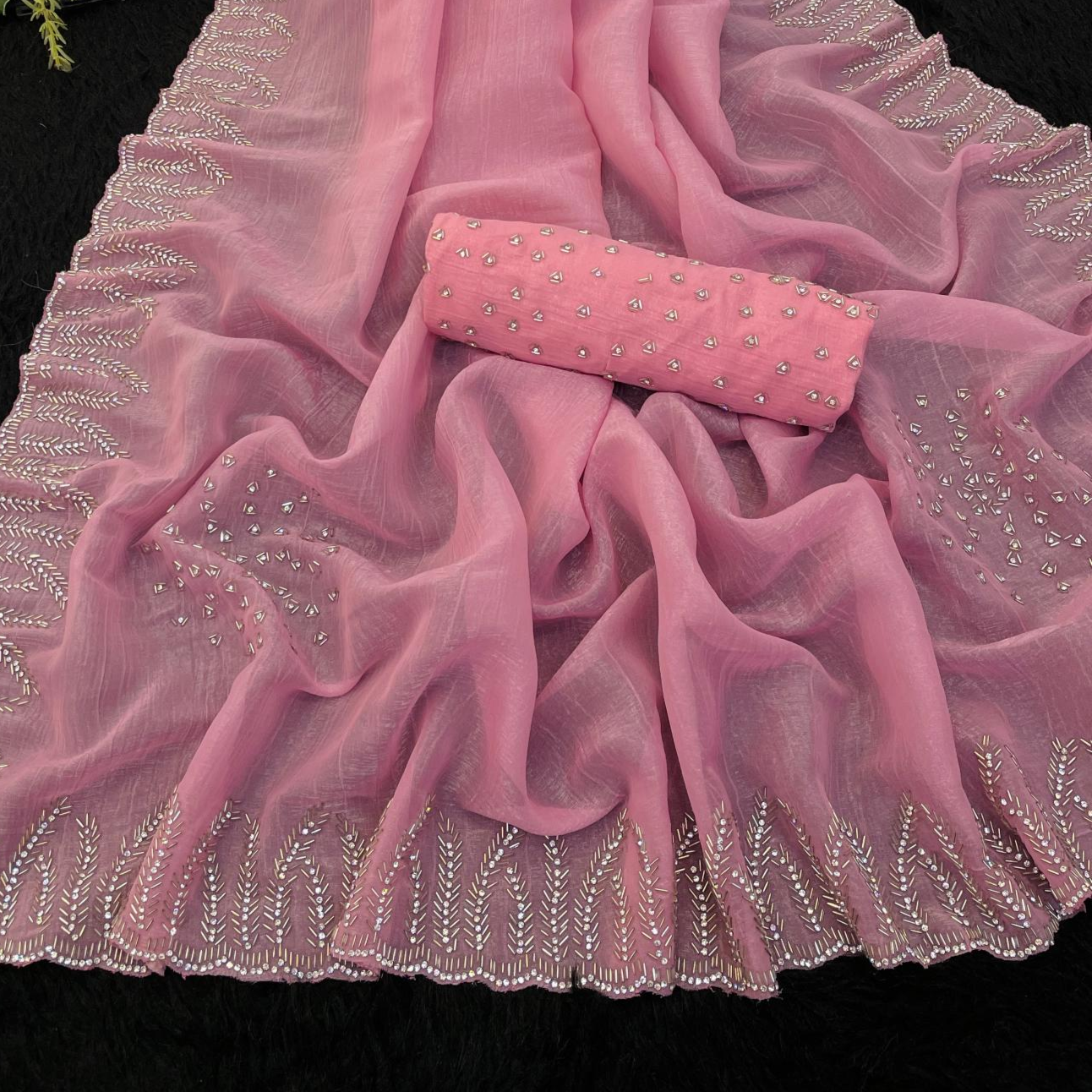 Old Rose Swarovski work Organza Silk Saree