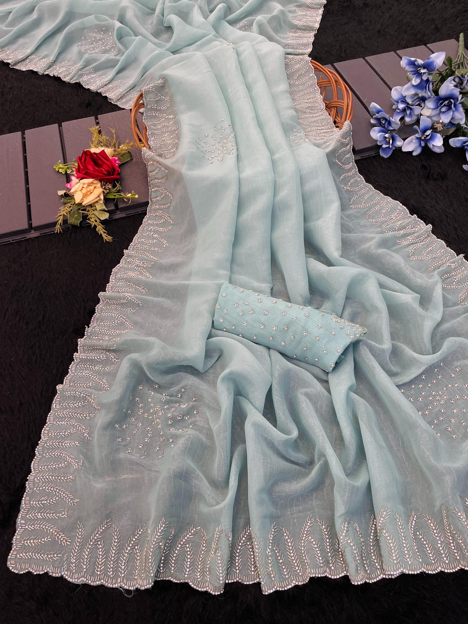 Sky Blue Swarovski work Organza Silk Saree