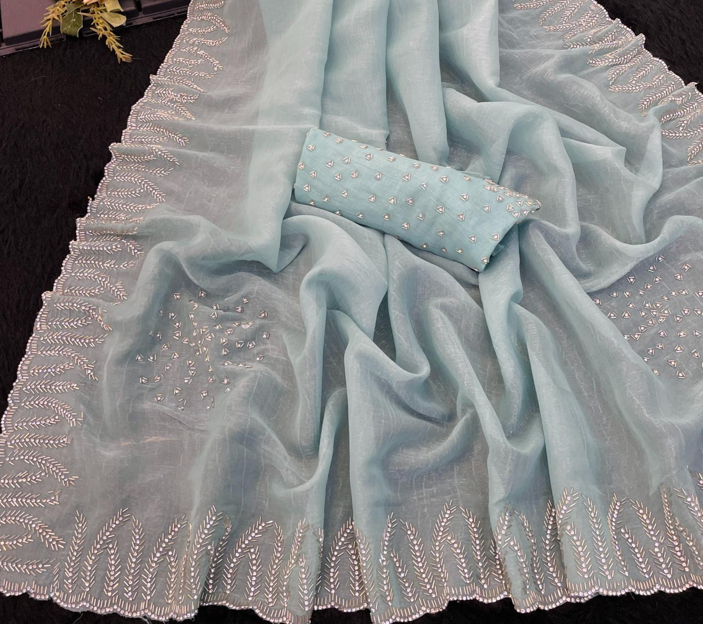 Sky Blue Swarovski work Organza Silk Saree