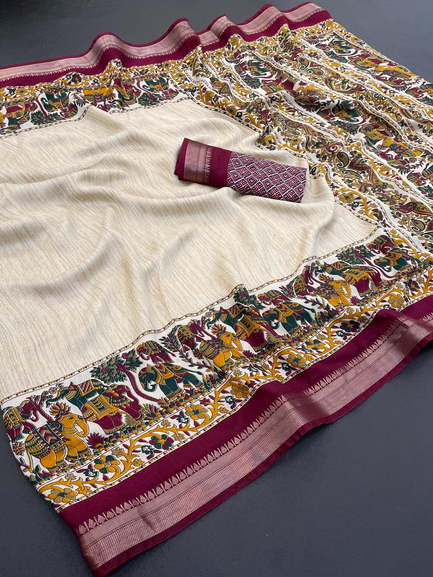 Wine Enhanced with Weaving Jacquard Border Moss Soft Silk Saree