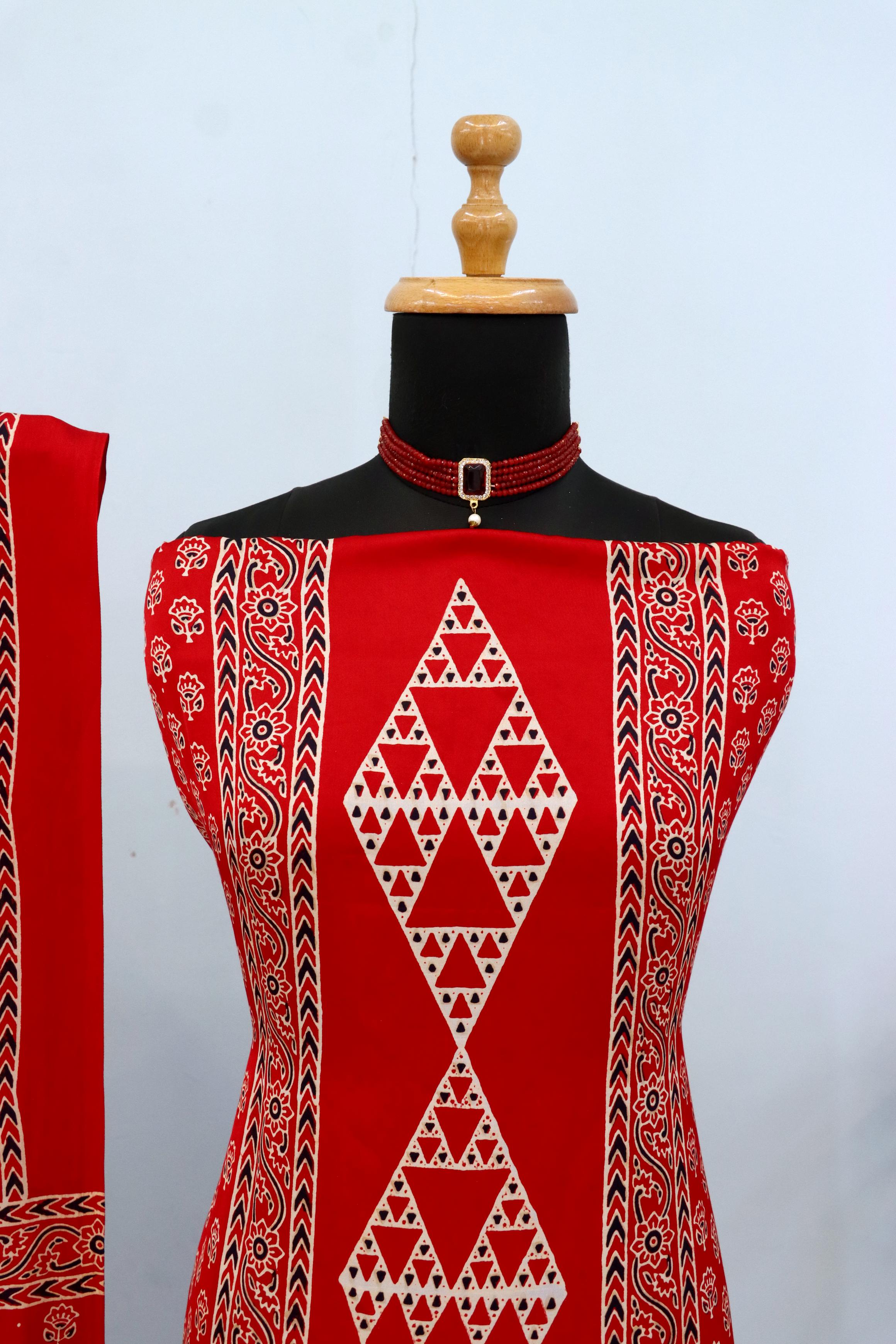 Entrancing Red Original Natural Ajrakh Print 3 pc Pure Modal Silk Unstitched Suit Set