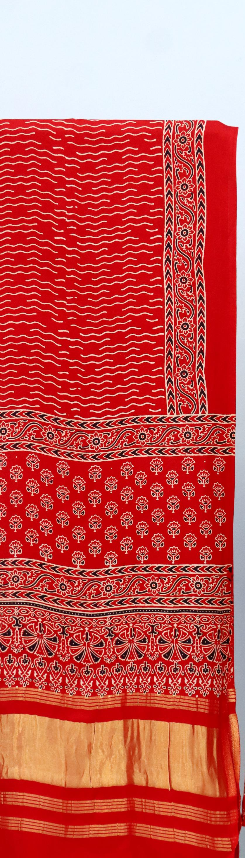 Entrancing Red Original Natural Ajrakh Print 3 pc Pure Modal Silk Unstitched Suit Set