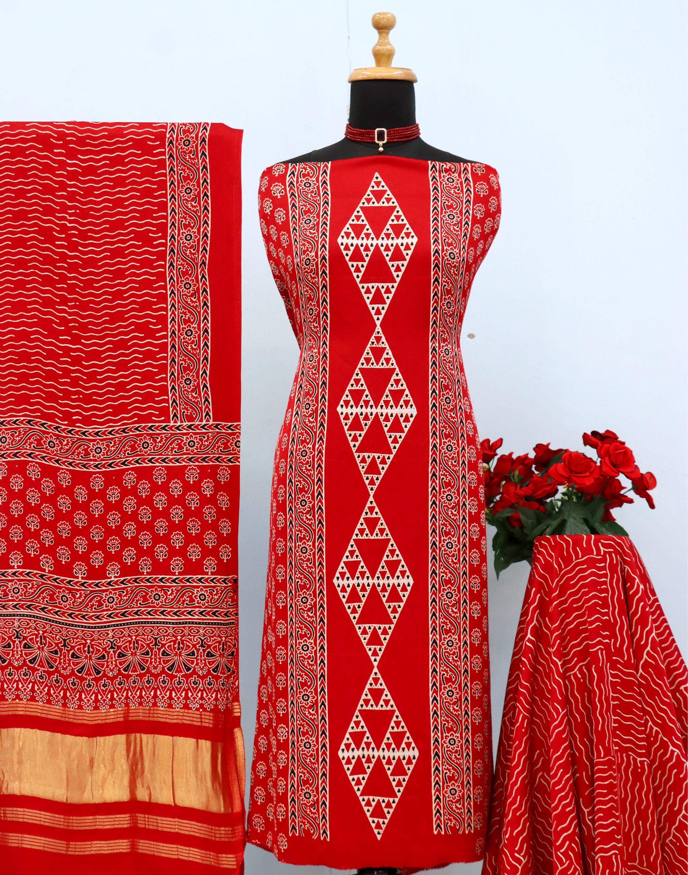 Entrancing Red Original Natural Ajrakh Print 3 pc Pure Modal Silk Unstitched Suit Set