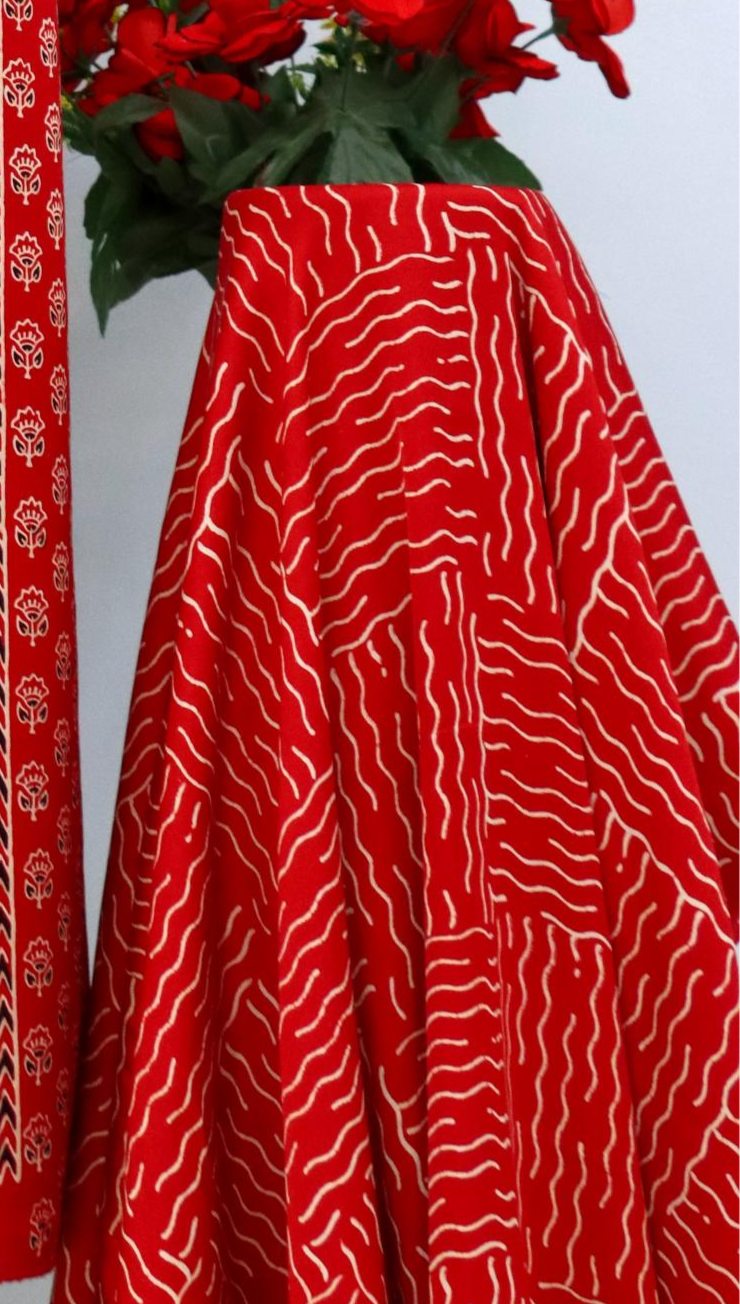 Entrancing Red Original Natural Ajrakh Print 3 pc Pure Modal Silk Unstitched Suit Set