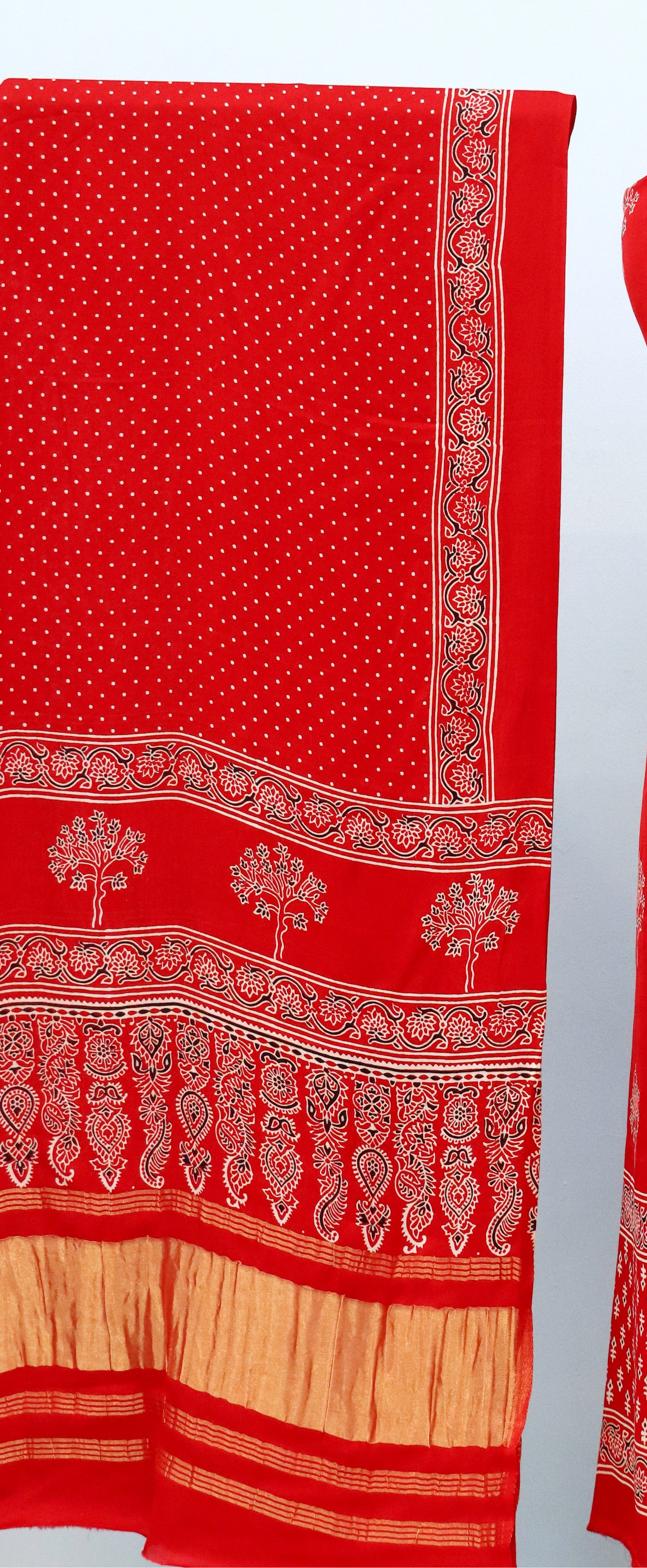Soothing Red Original Natural Ajrakh Print 3 pc Pure Modal Silk Unstitched Suit Set