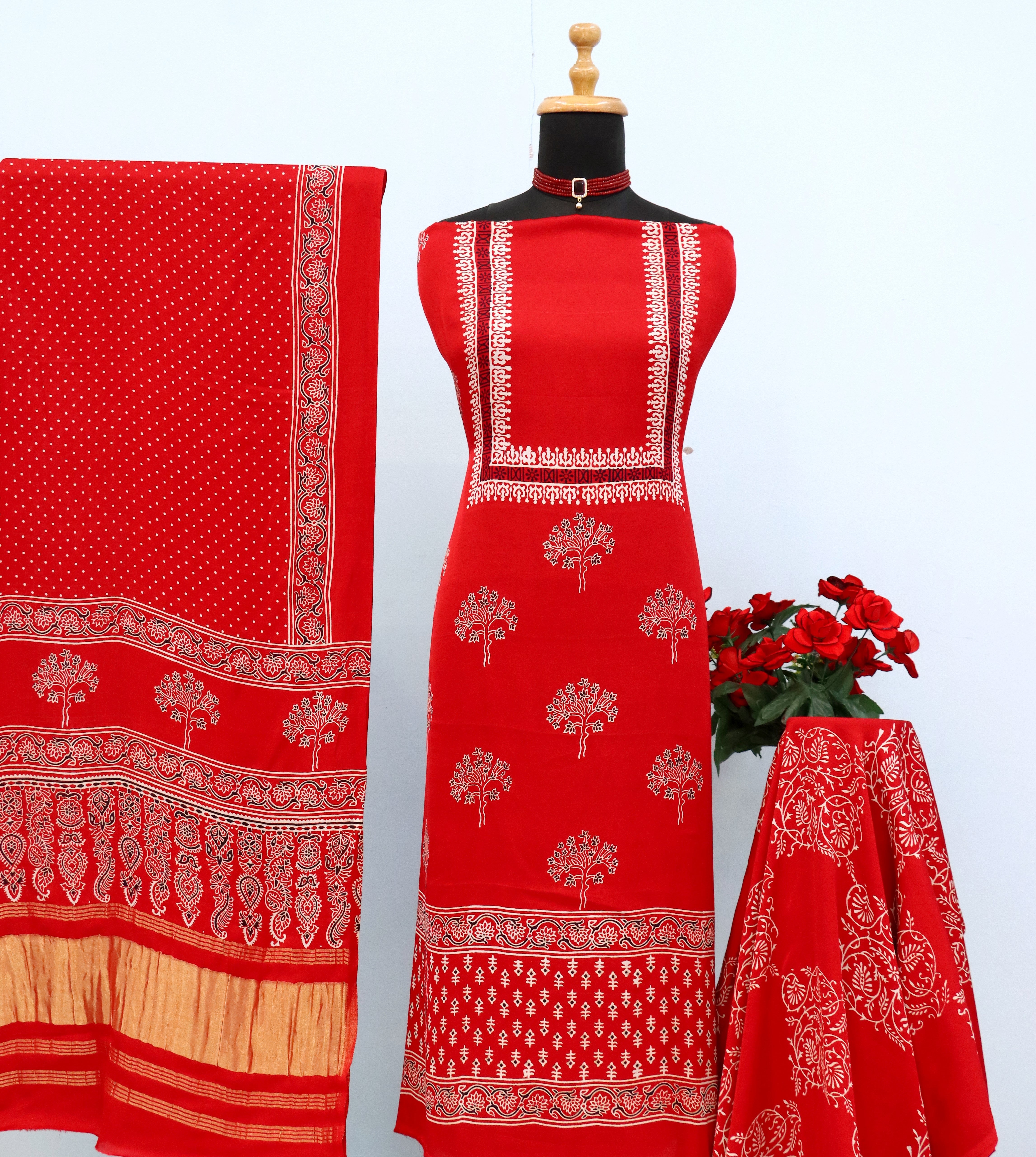 Soothing Red Original Natural Ajrakh Print 3 pc Pure Modal Silk Unstitched Suit Set