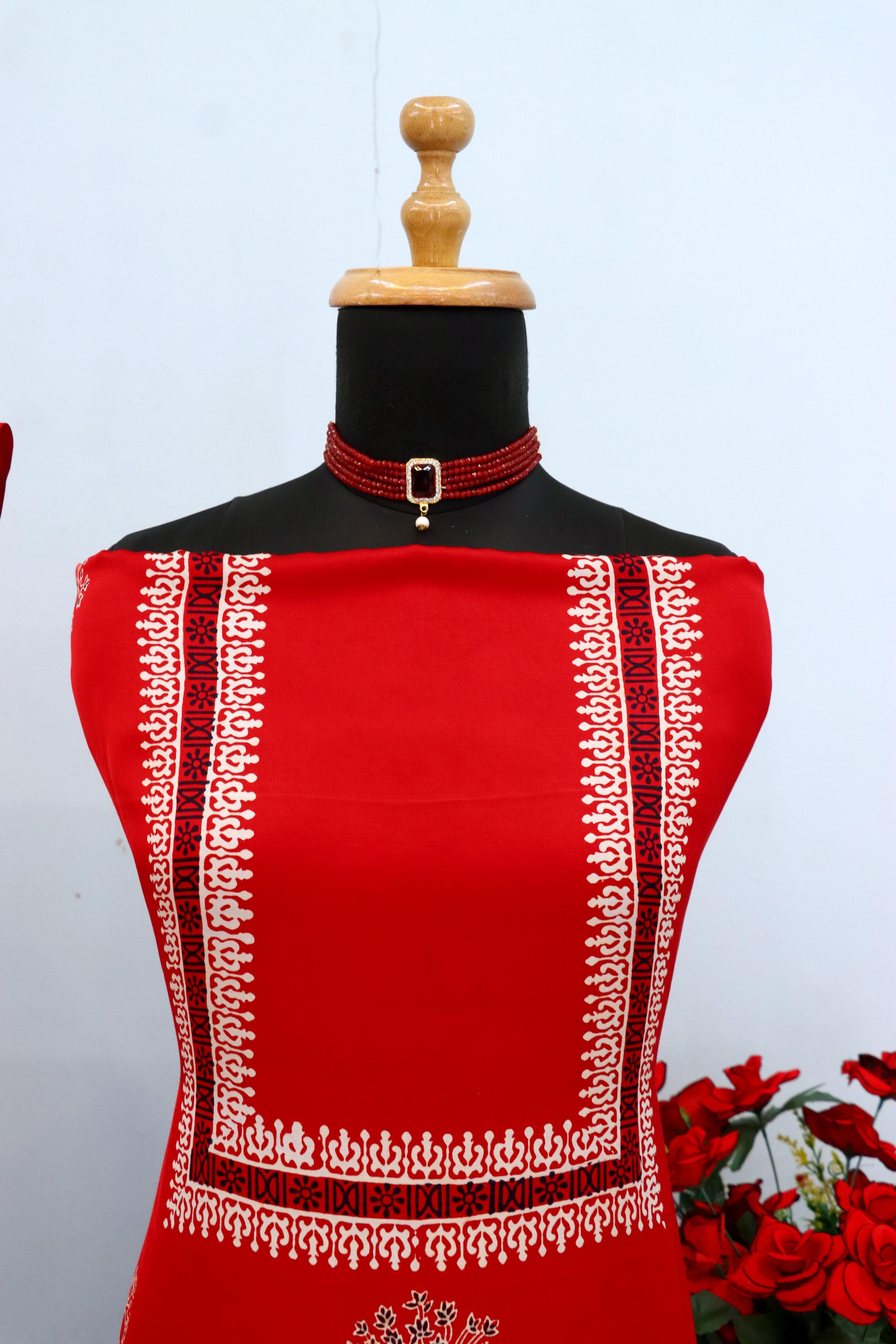 Soothing Red Original Natural Ajrakh Print 3 pc Pure Modal Silk Unstitched Suit Set