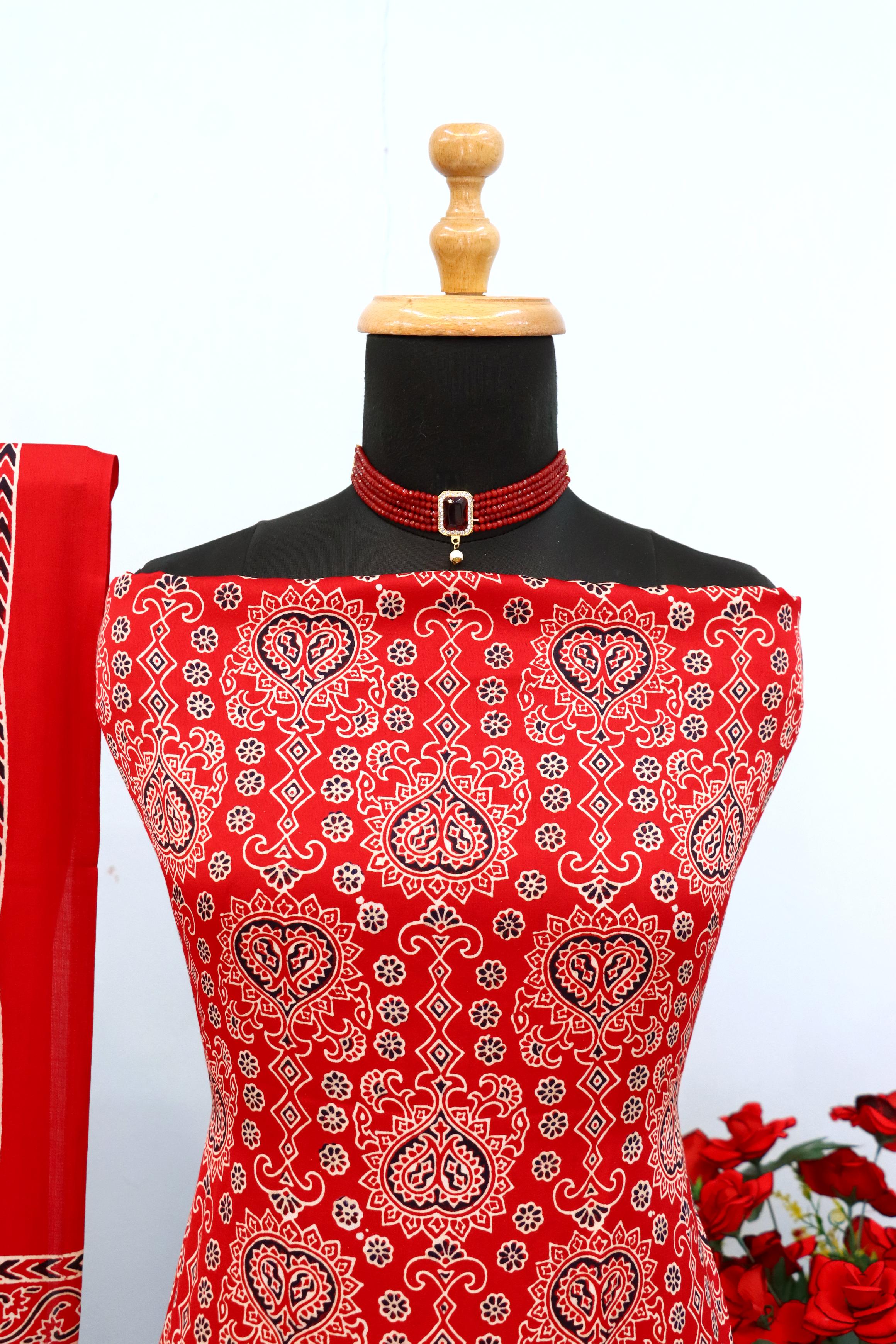 Gratifying Red Original Natural Ajrakh Print 3 pc Pure Modal Silk Unstitched Suit Set