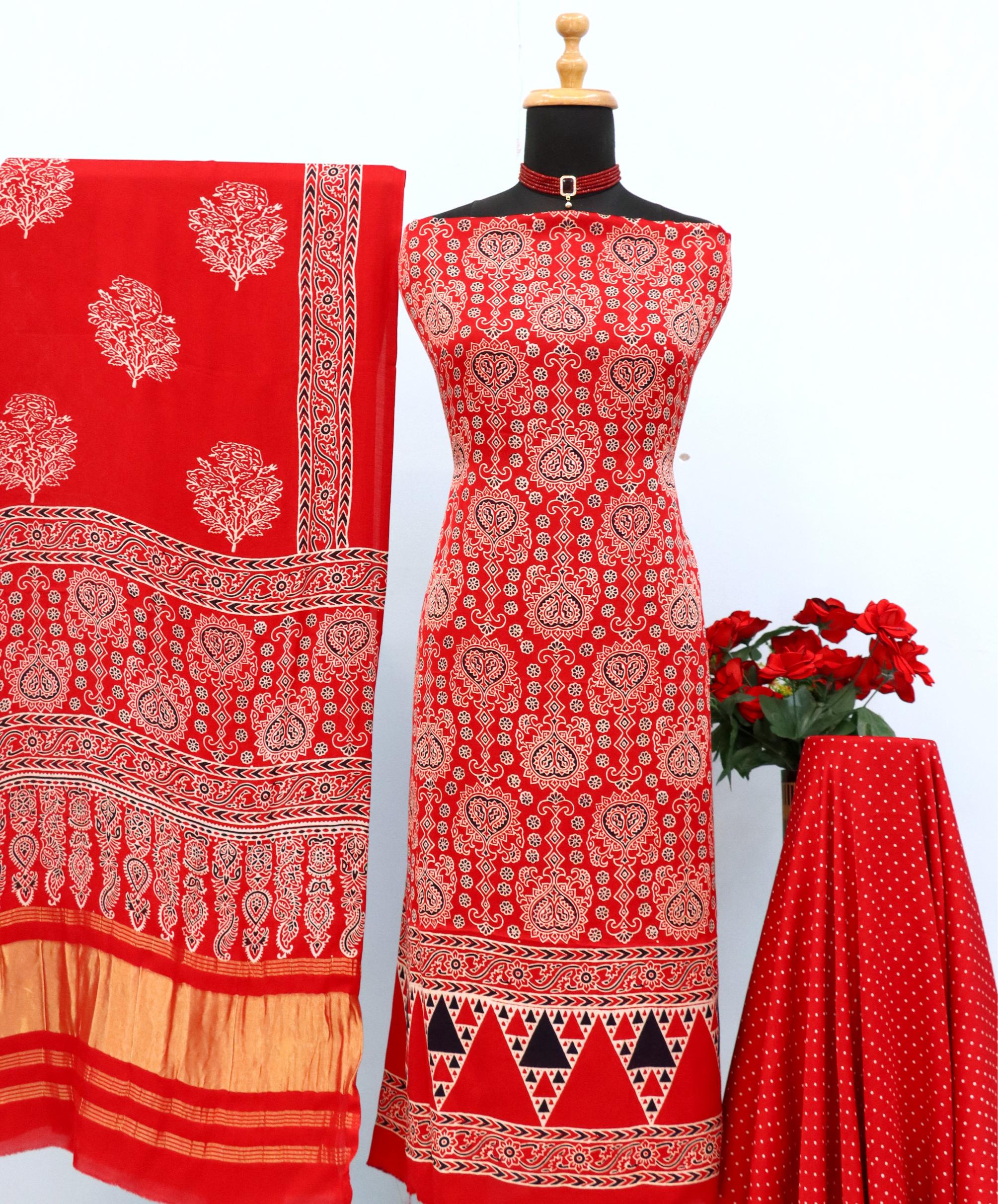 Gratifying Red Original Natural Ajrakh Print 3 pc Pure Modal Silk Unstitched Suit Set