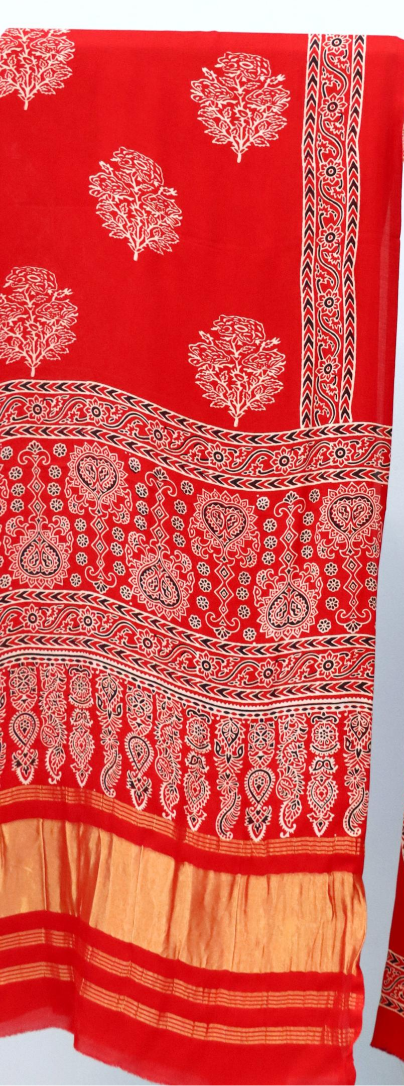 Gratifying Red Original Natural Ajrakh Print 3 pc Pure Modal Silk Unstitched Suit Set
