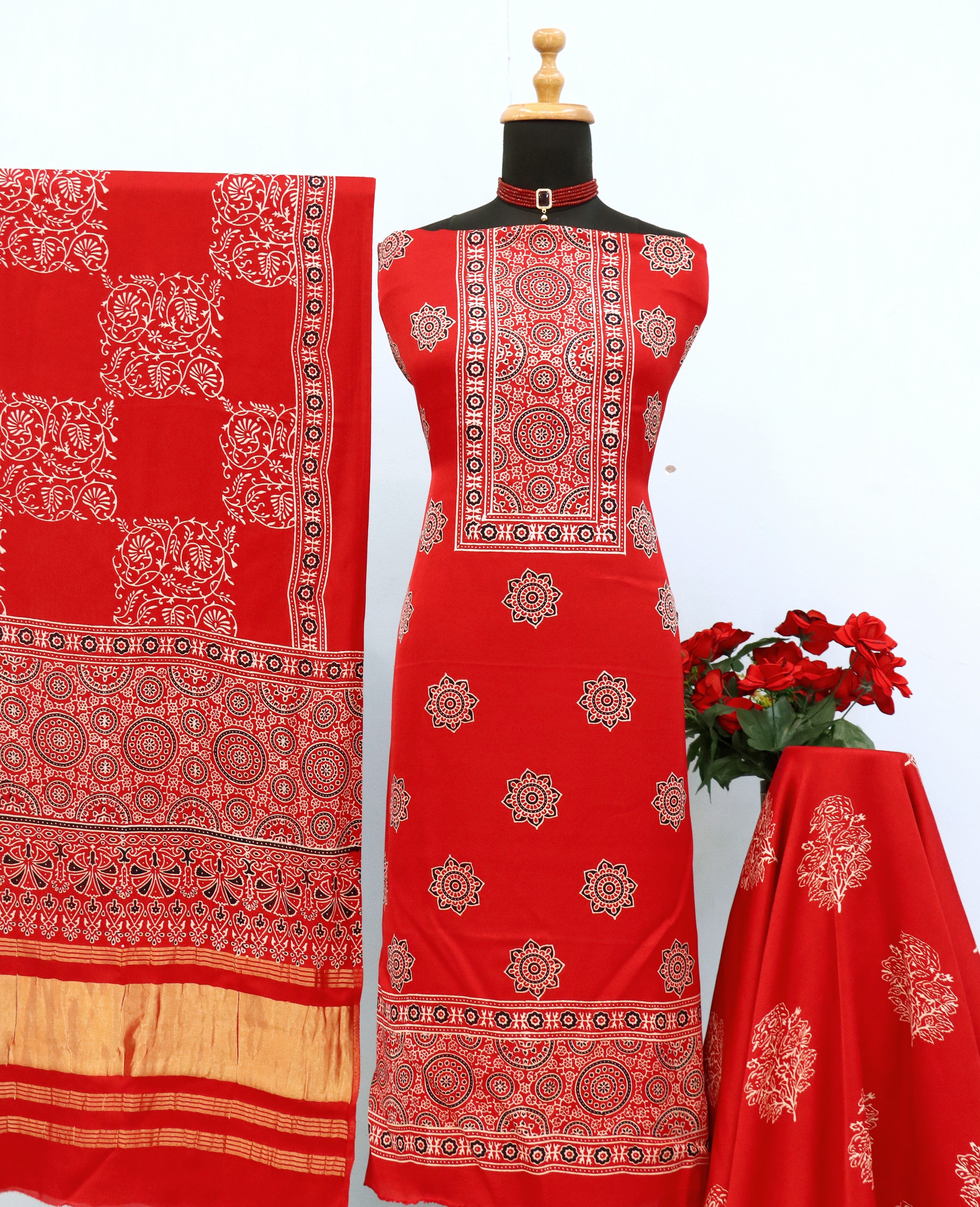 Captivating Red Original Natural Ajrakh Print 3 pc Pure Modal Silk Unstitched Suit Set