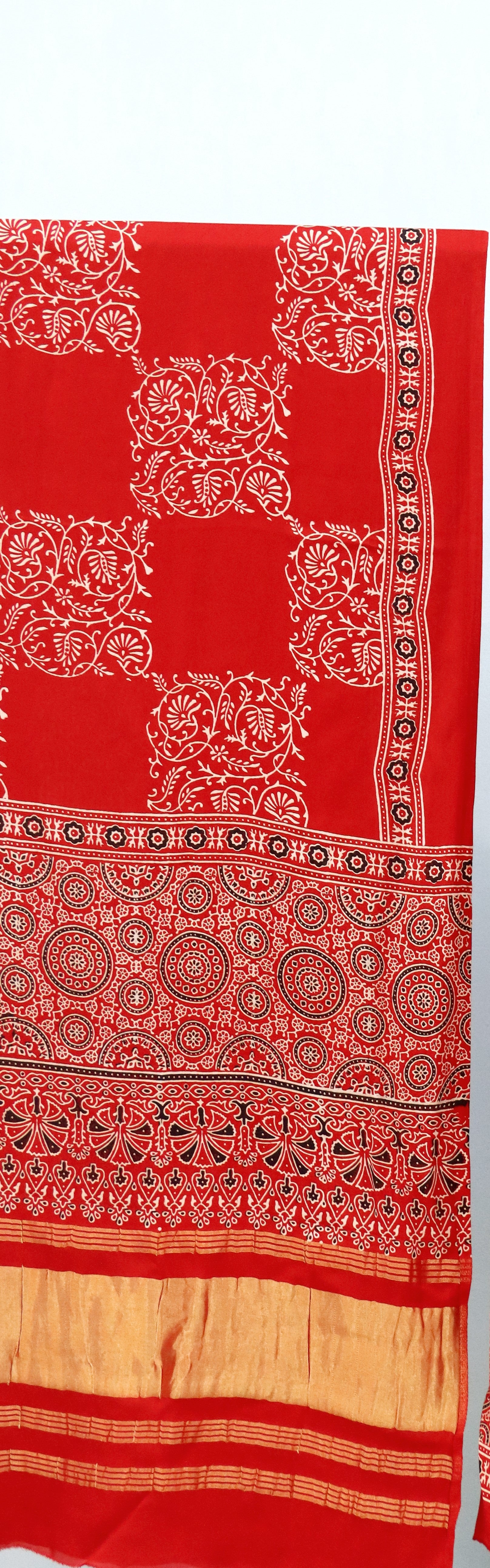 Captivating Red Original Natural Ajrakh Print 3 pc Pure Modal Silk Unstitched Suit Set